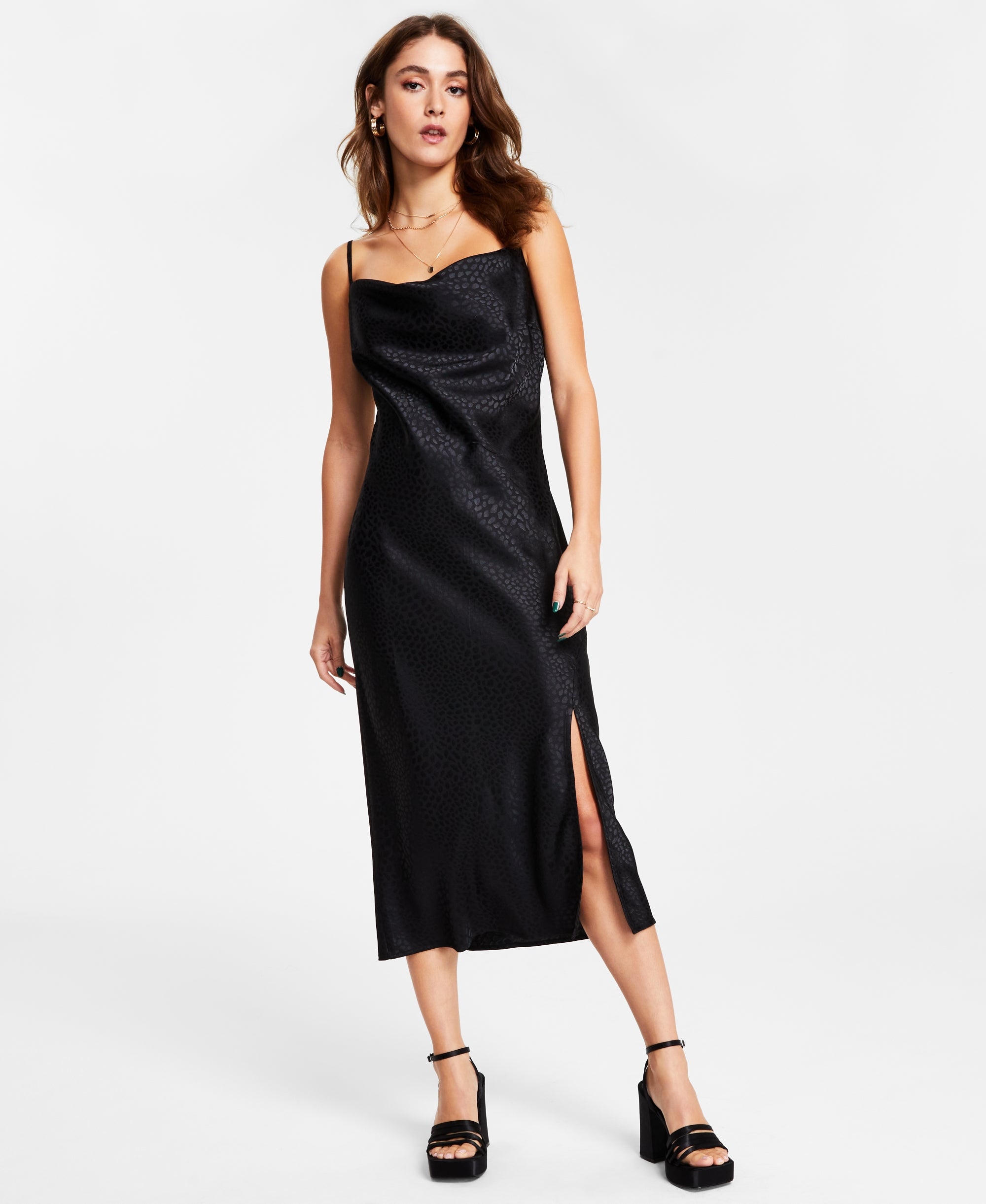 Women's Sleeveless Jacquard Cowlneck Midi Dress Deep Black S