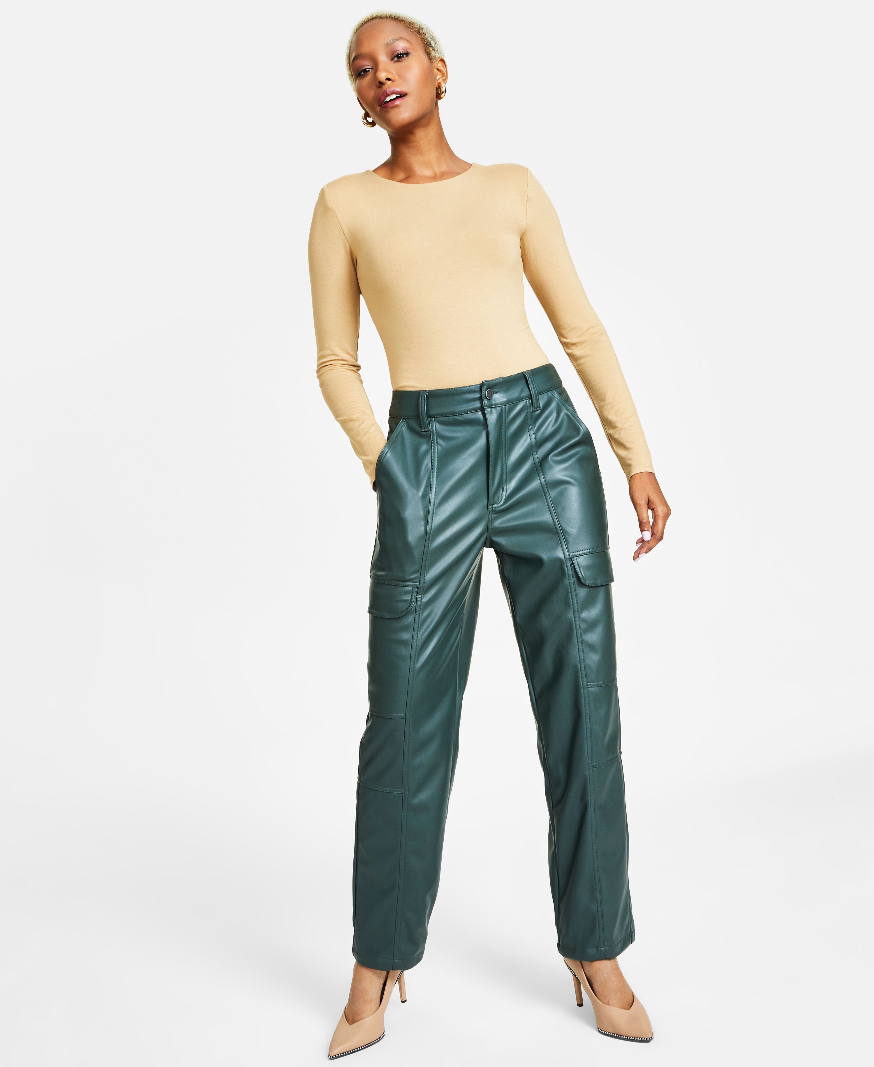 Women's Faux-Leather Cargo Pants