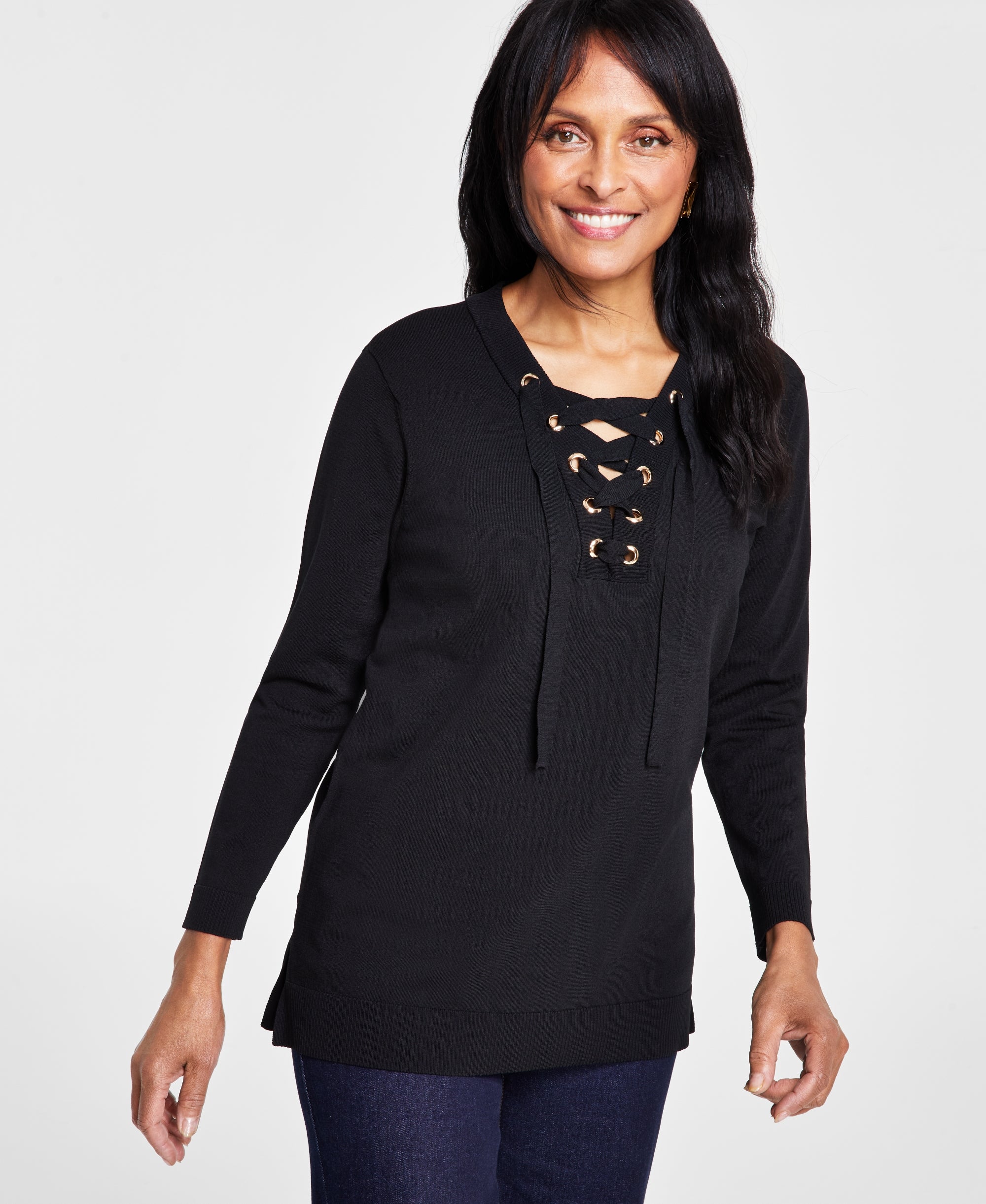 Petite Lace-Up Tunic Sweater