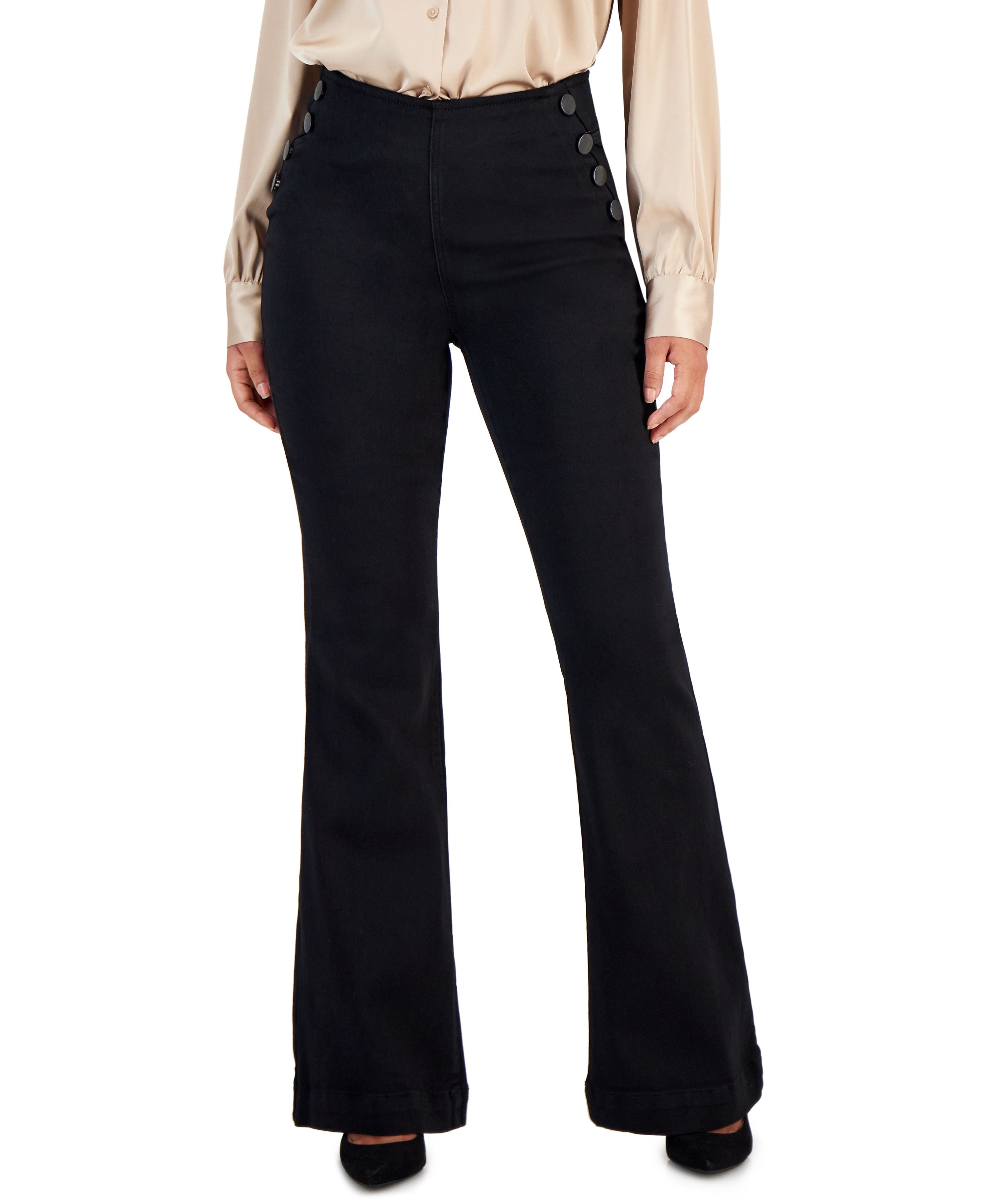 Petite Button-Detail Flared Wide-Leg Jeans