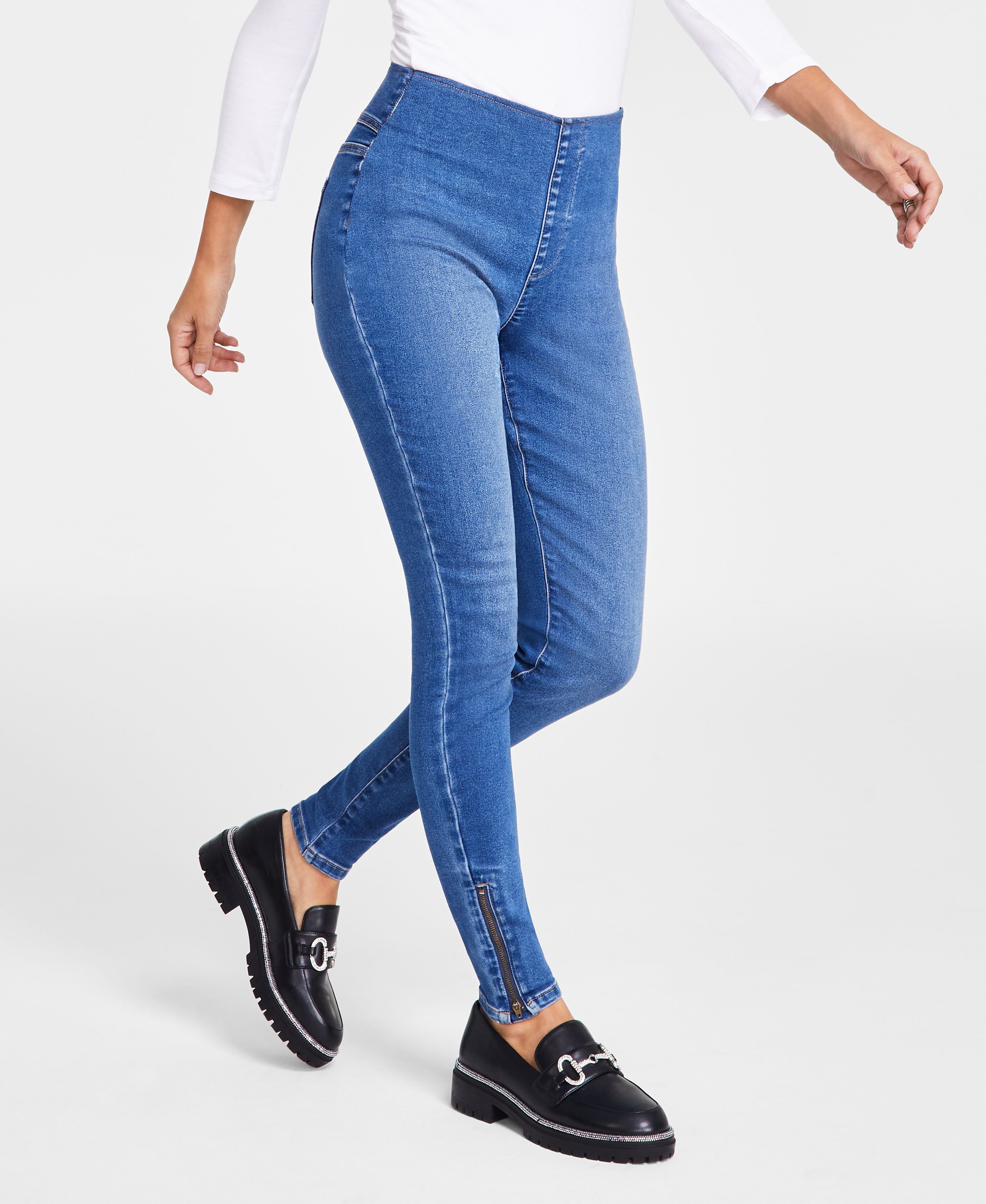 Petite Mid-Rise Pull-On Side-Zip Skinny Jeans