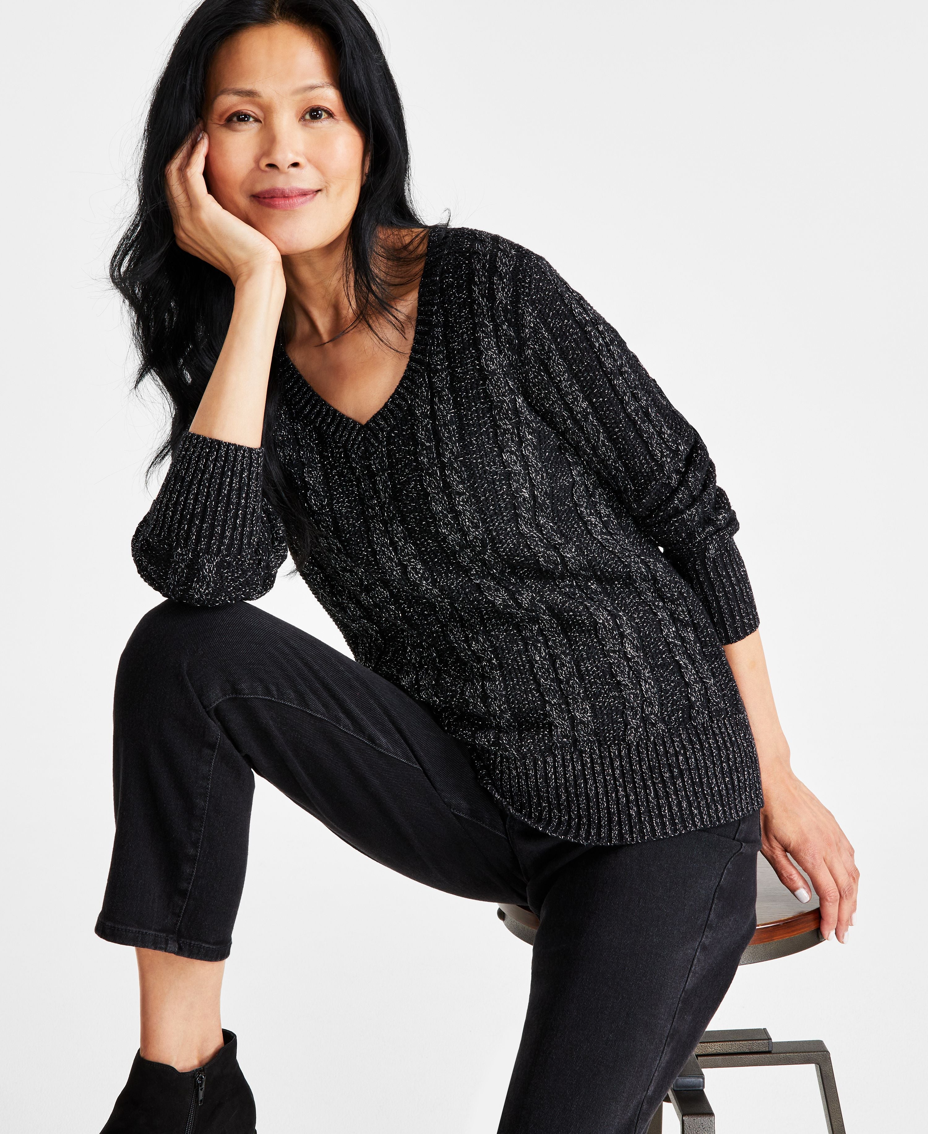 Women's V-Neck Shine Cable-Knit Long-Sleeve Sweater, Regular & Petite