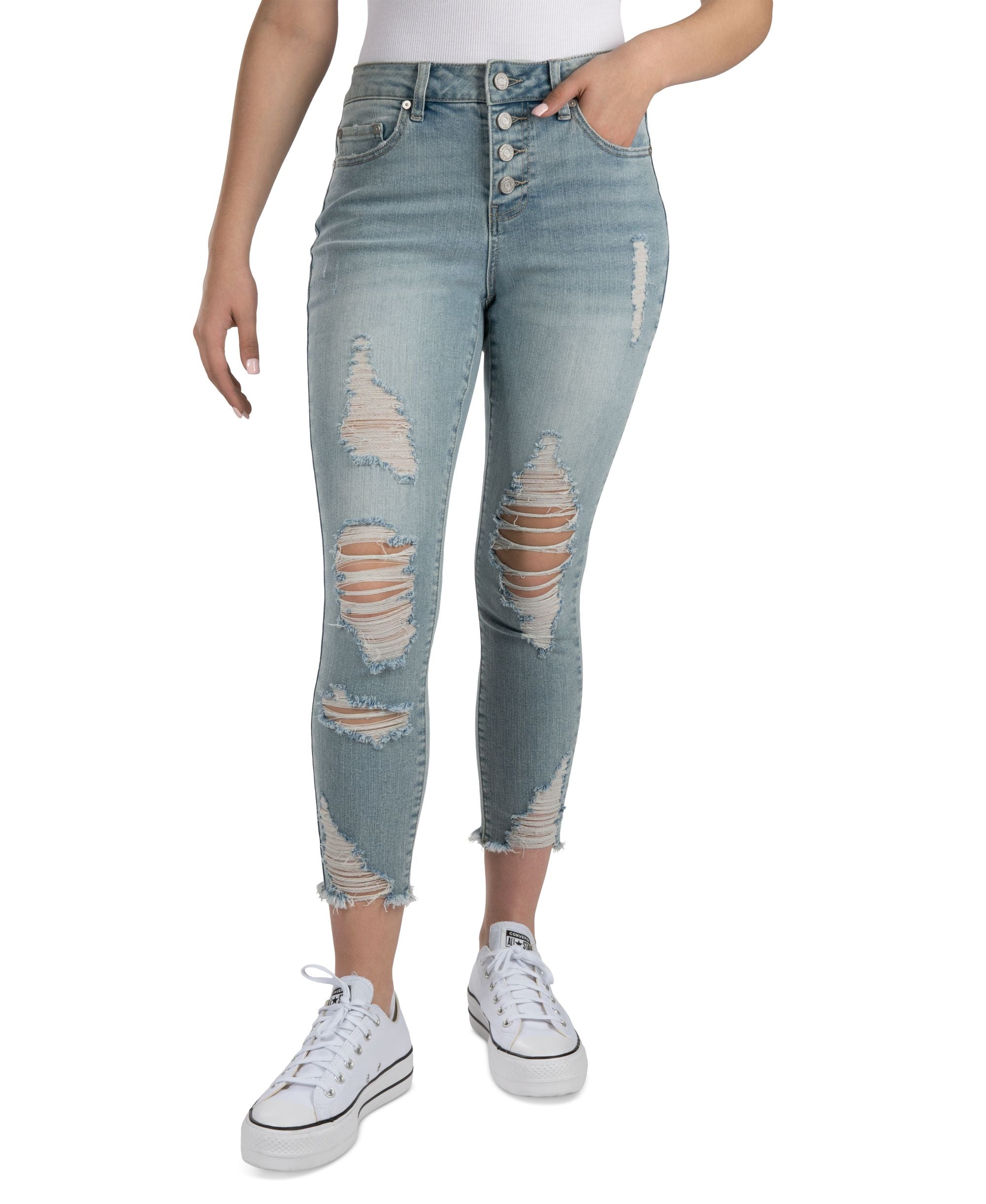 Juniors' Mid-Rise Button-Front Curvy Crop Jeans