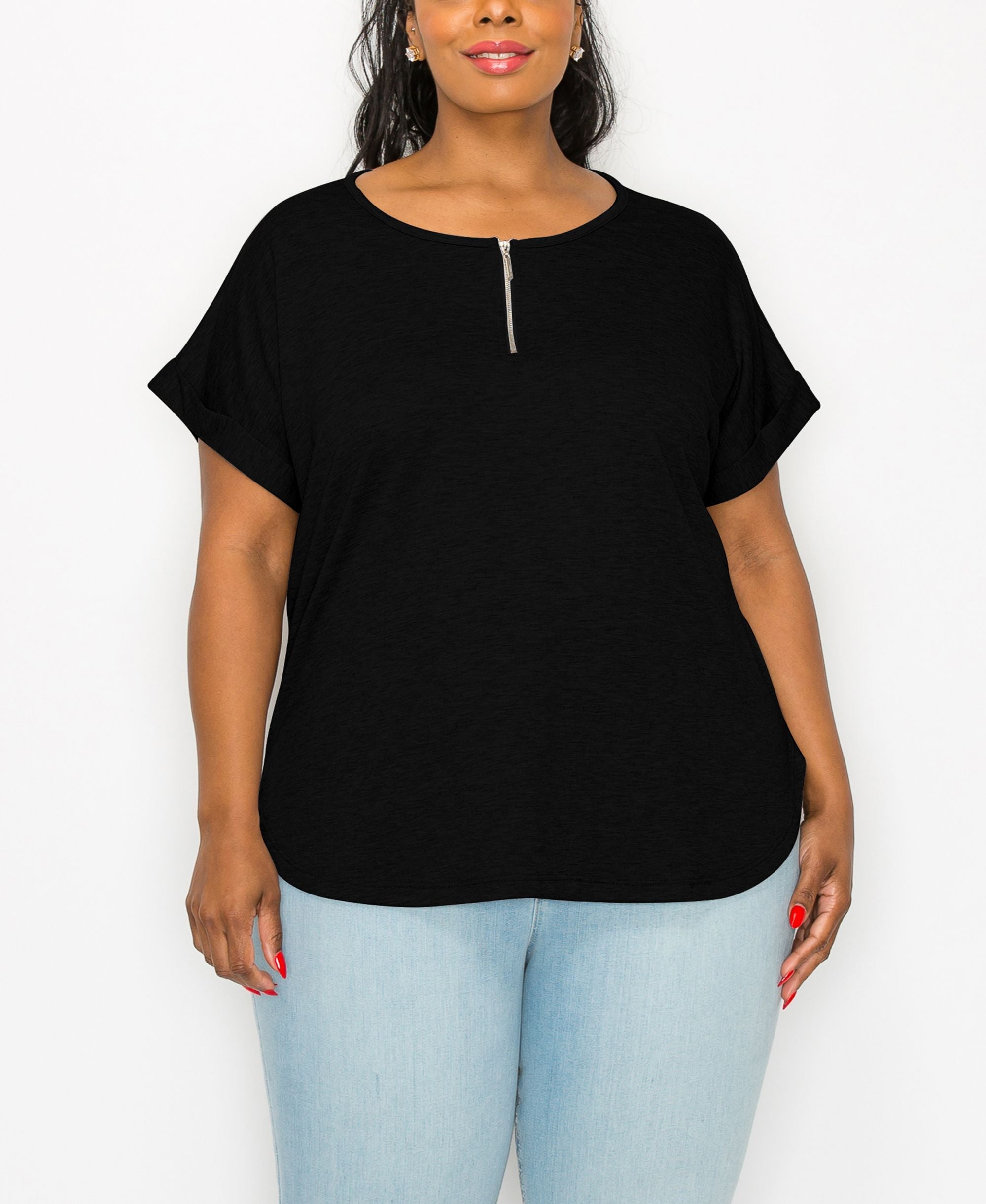 Plus Size Zipper Front Rolled Sleeve Top
