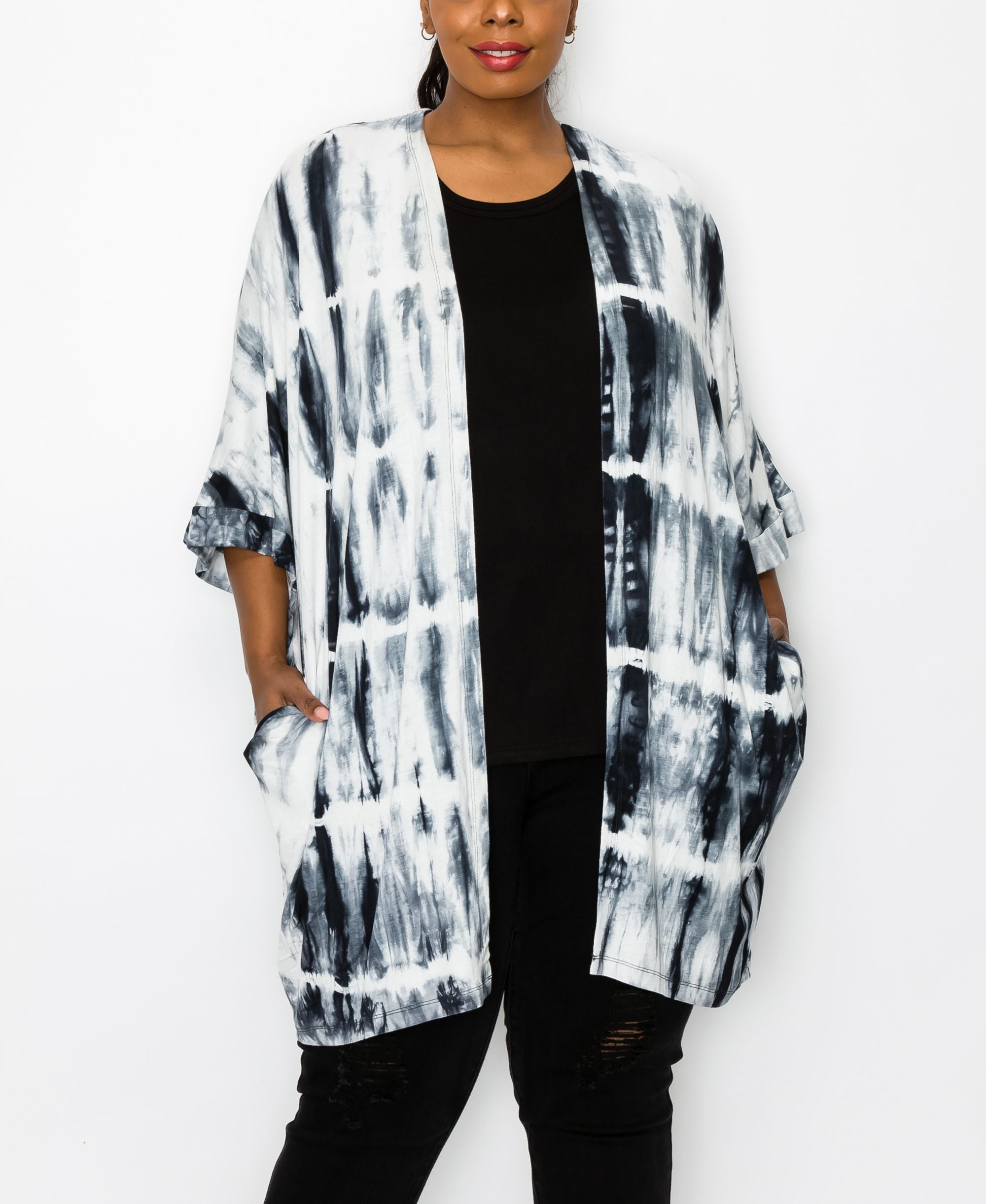 Plus Size Hand Tie Dye Pocket Kimono Top