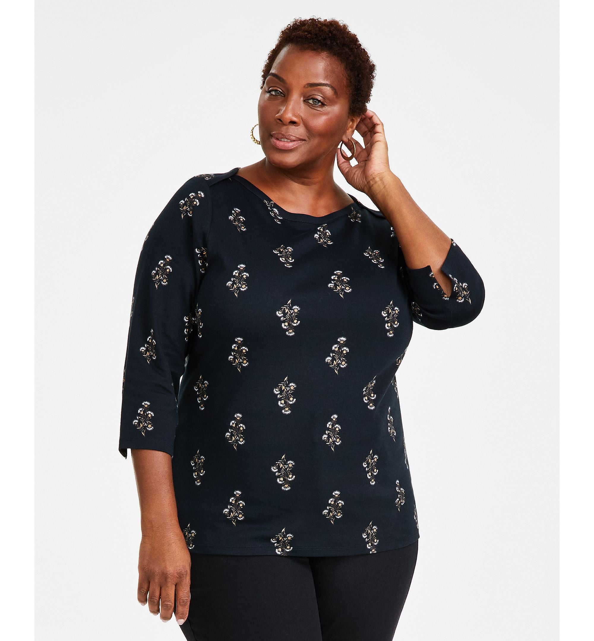 Plus Size Printed Pima Cotton 3/4-Sleeve Top