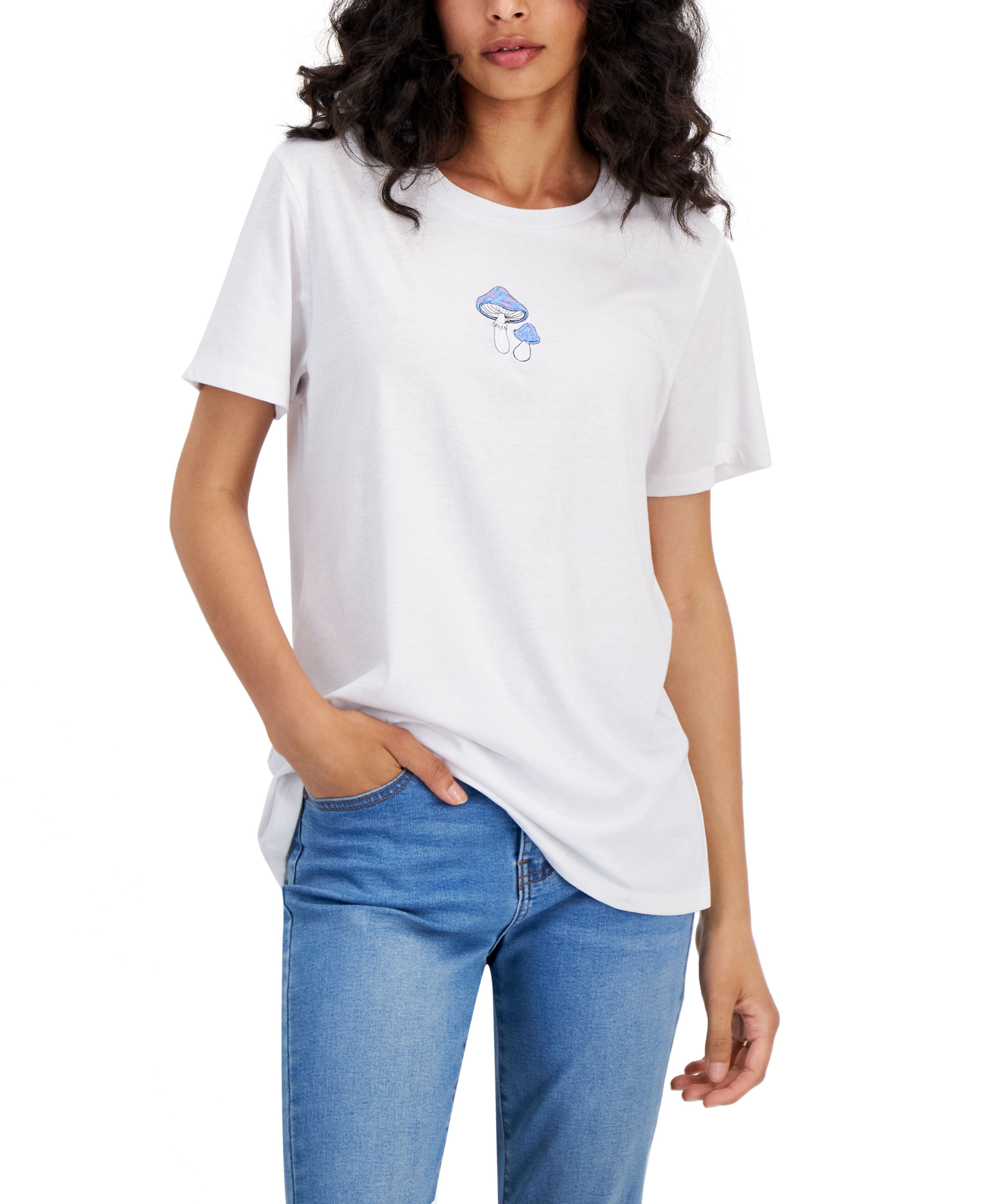 Juniors' Mushroom Embroidered T-Shirt