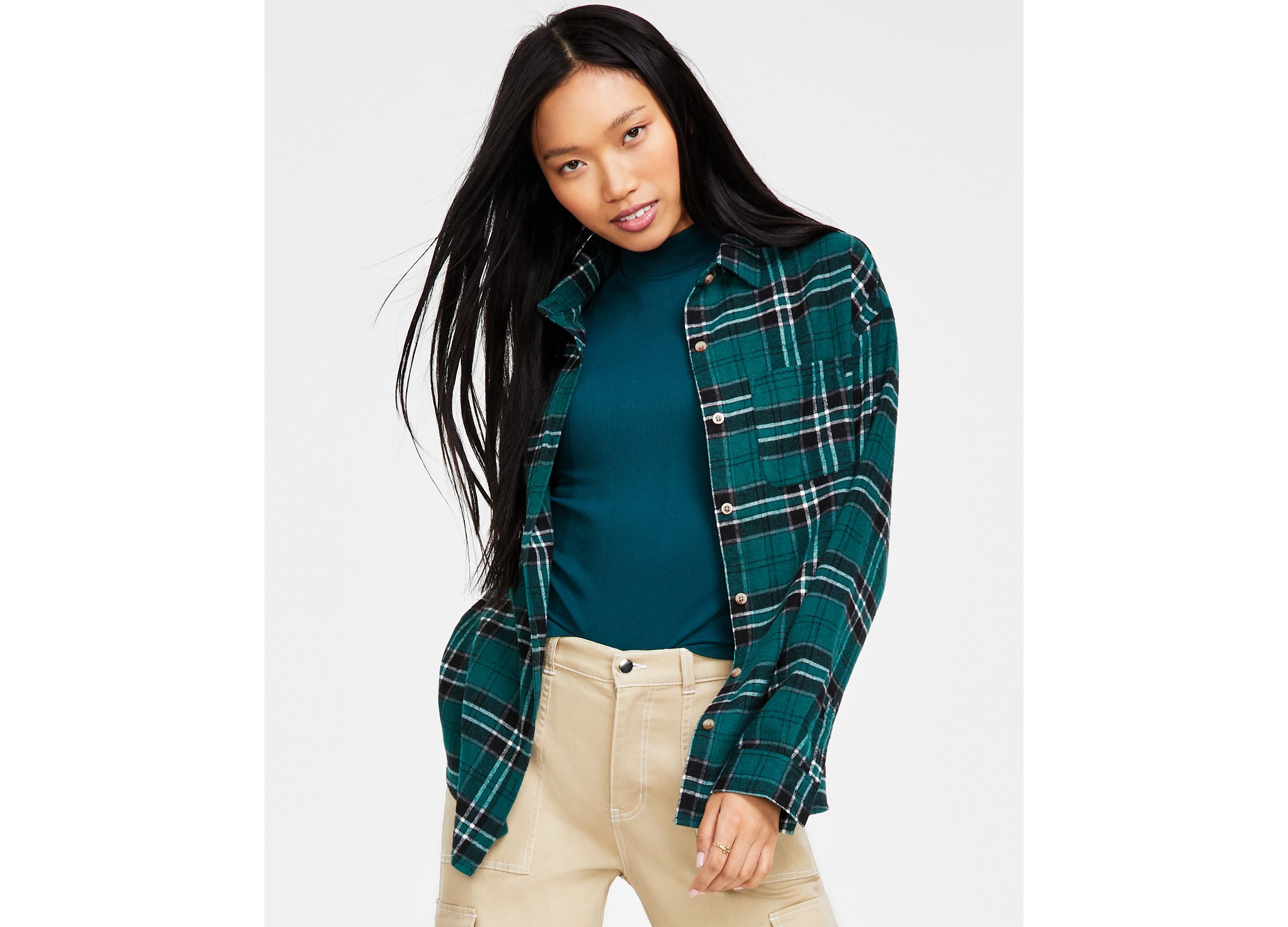 Juniors' Plaid Button-Down Top
