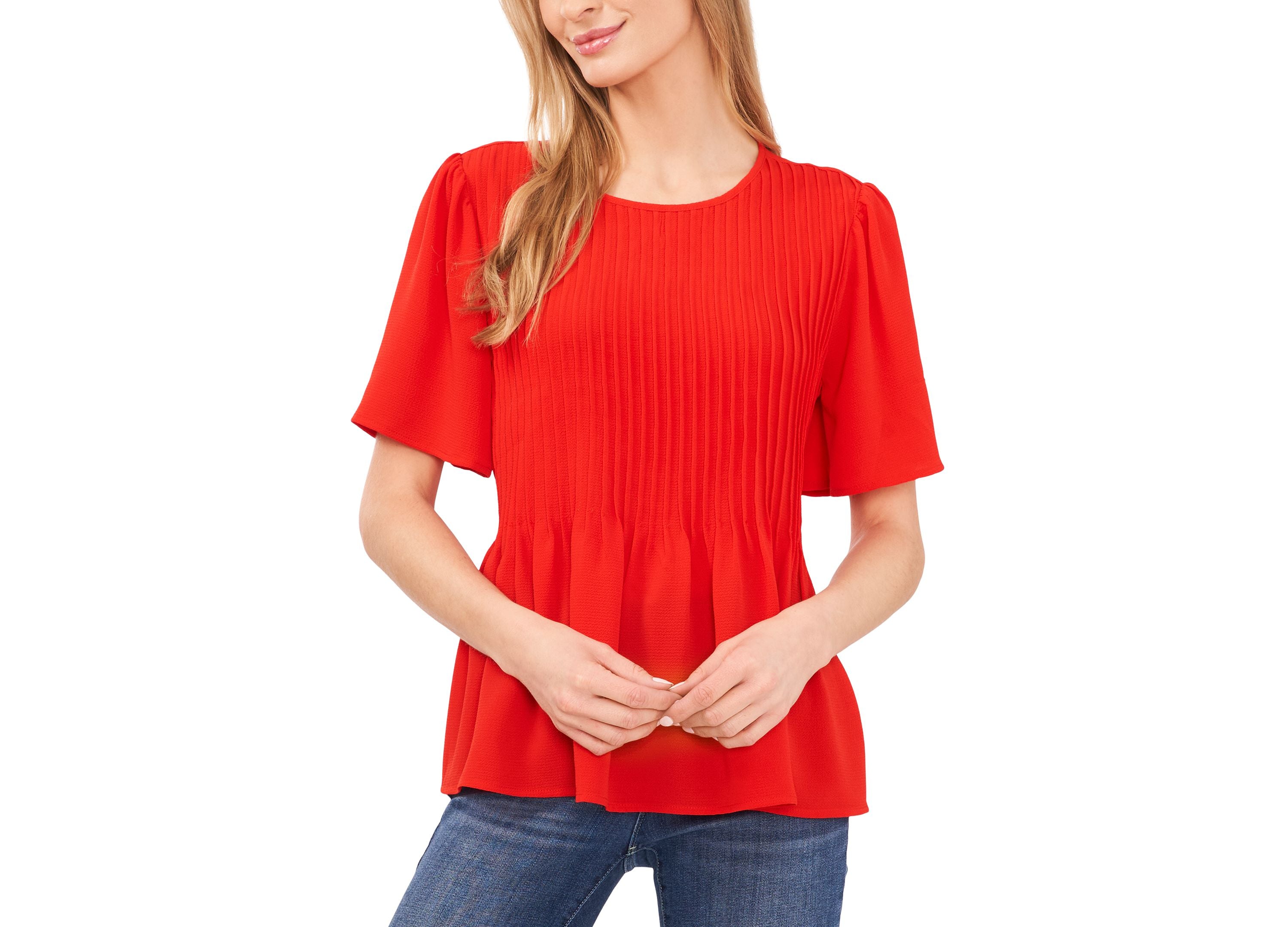 Women's Crew Neck Short Sleeve Pin-Tuck Blouse