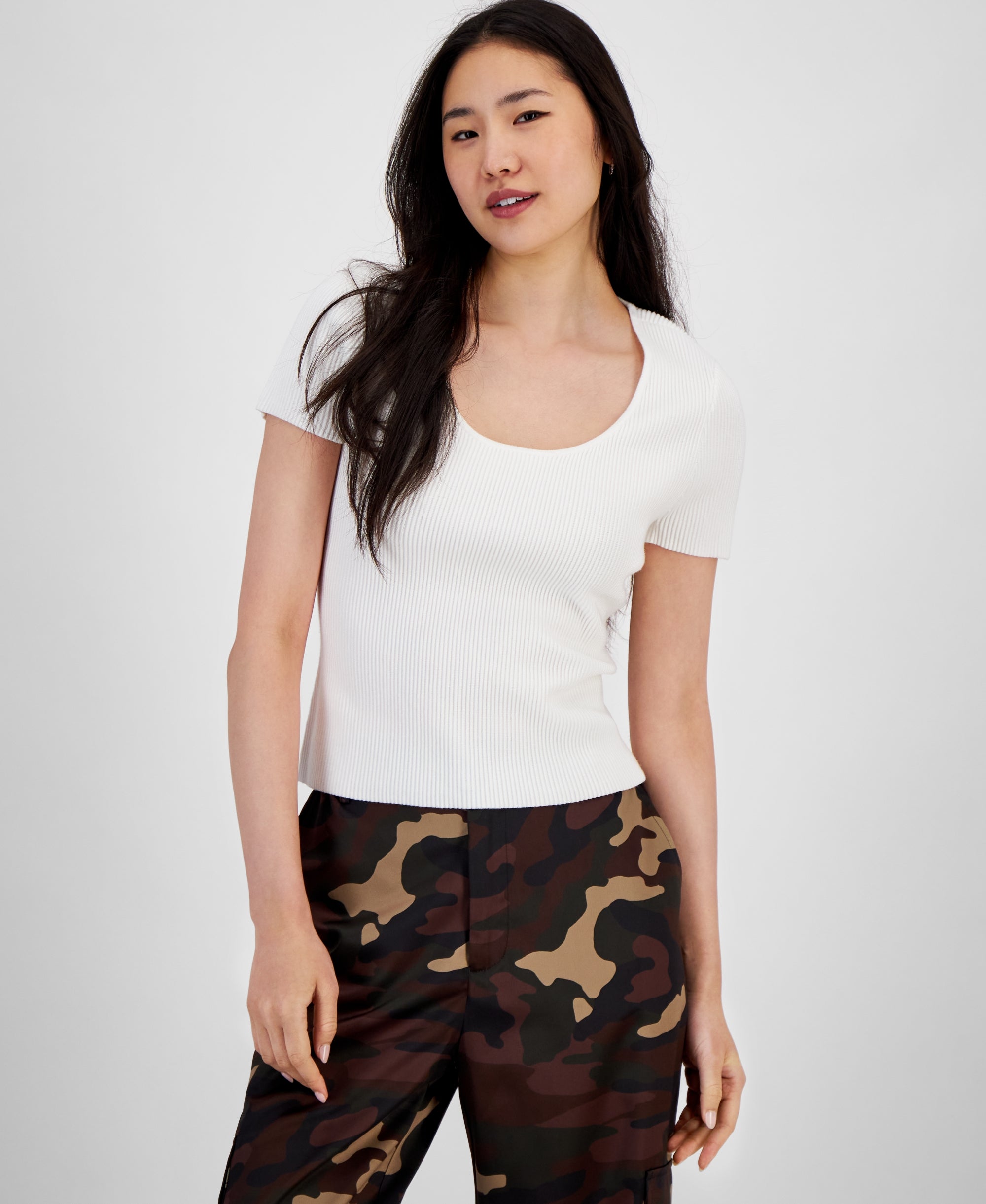 Women's Ottoman Scoop-Neck Short-Sleeve Sweater Top Egret M