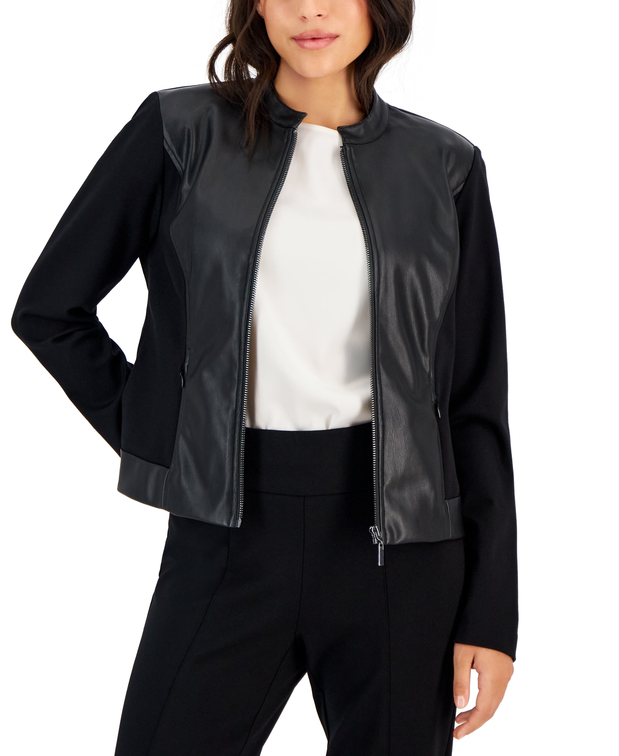 Petite Mandarin-Collar Zip-Up Jacket Anne Black PM