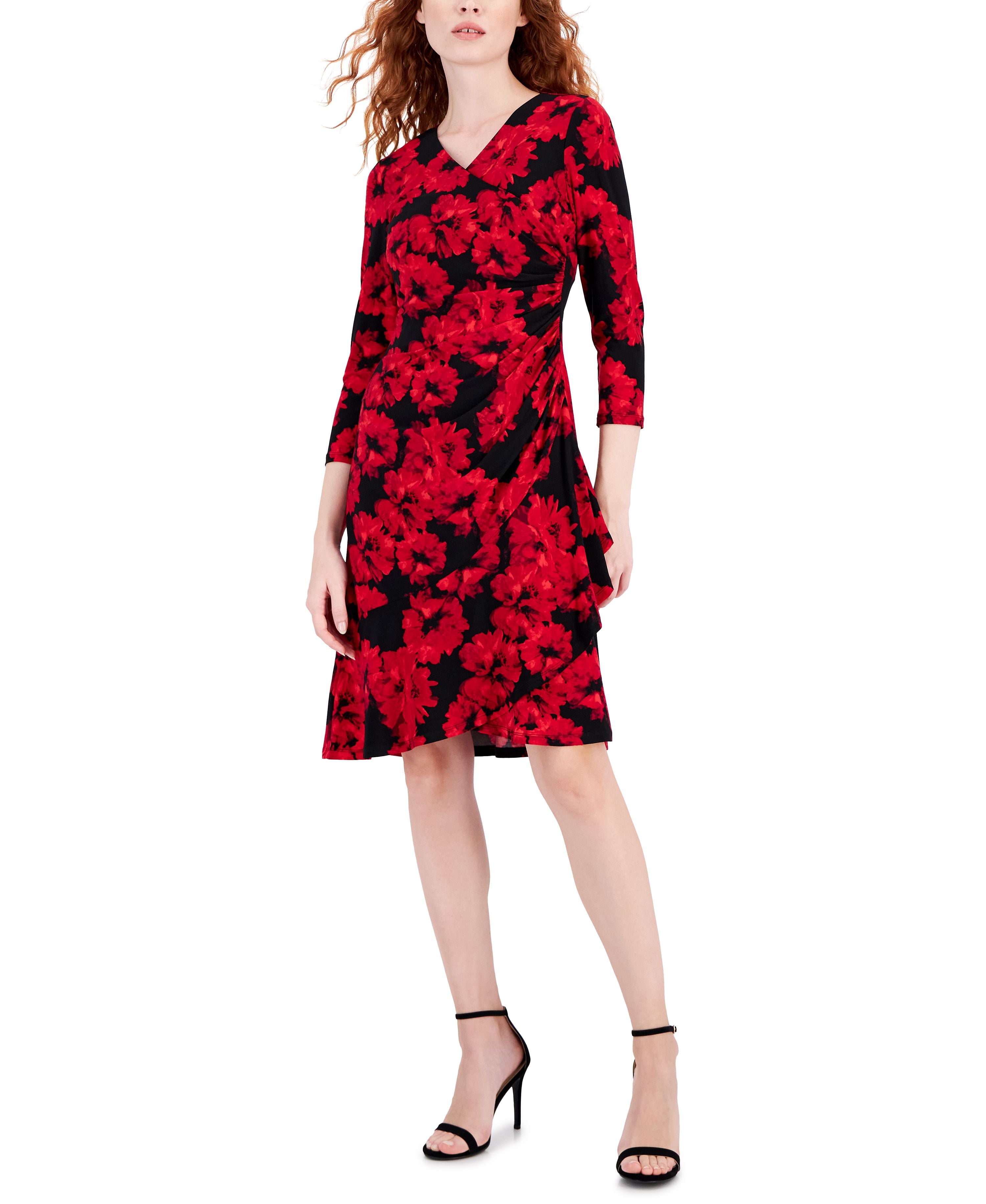 Petite 3/4-Sleeve Printed Faux-Wrap Dress