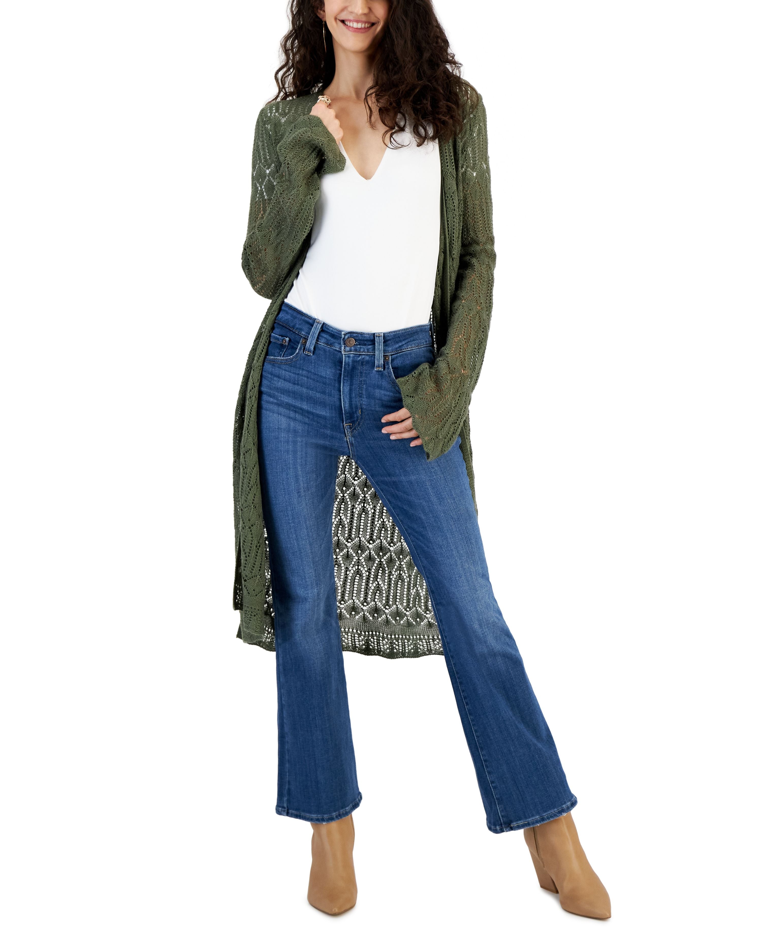 Juniors' Pointelle Bell-Sleeve Duster