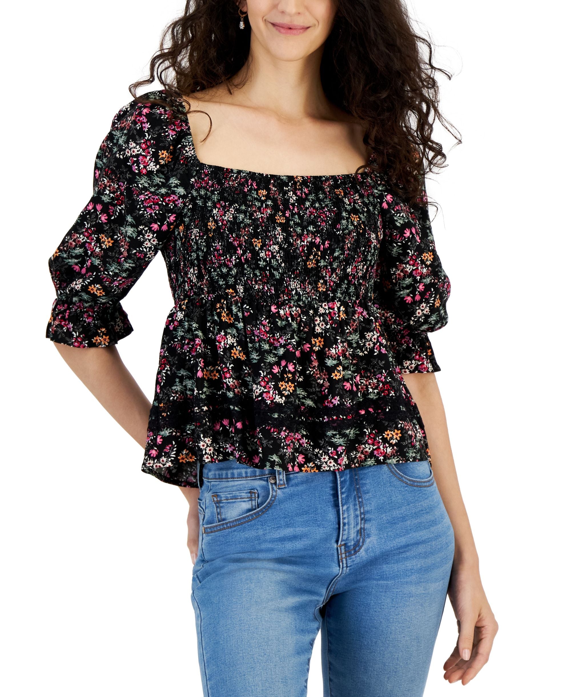 Juniors Smocked Lace Trim Top
