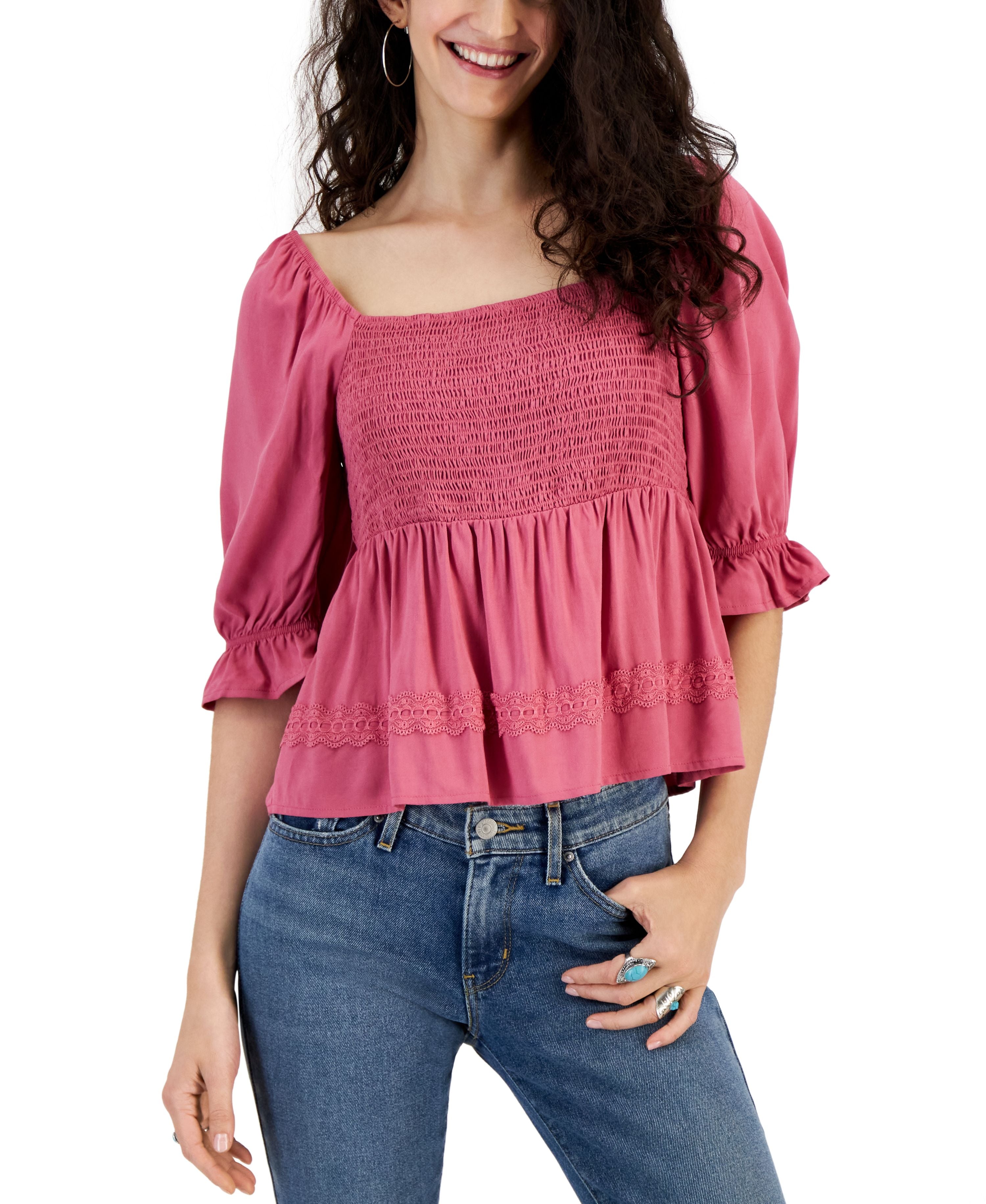 Juniors Smocked Lace Trim Top