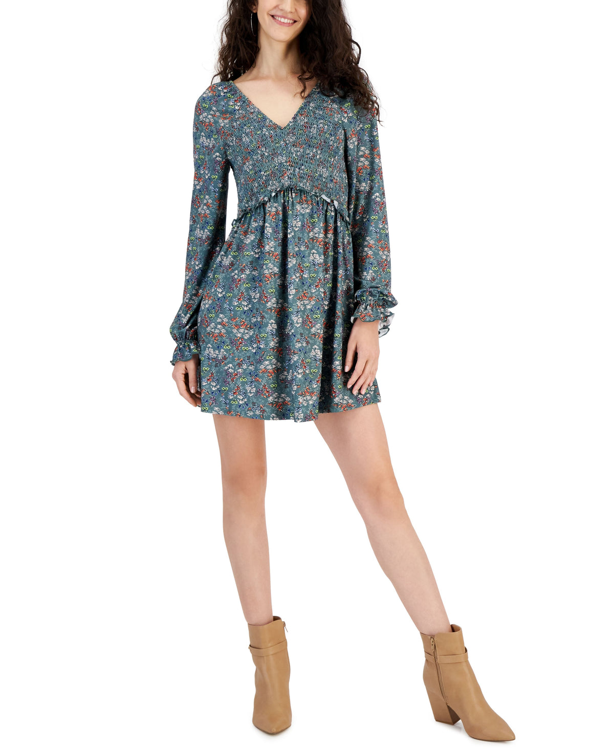 Juniors' Long-Sleeved Smocked Mini Dress