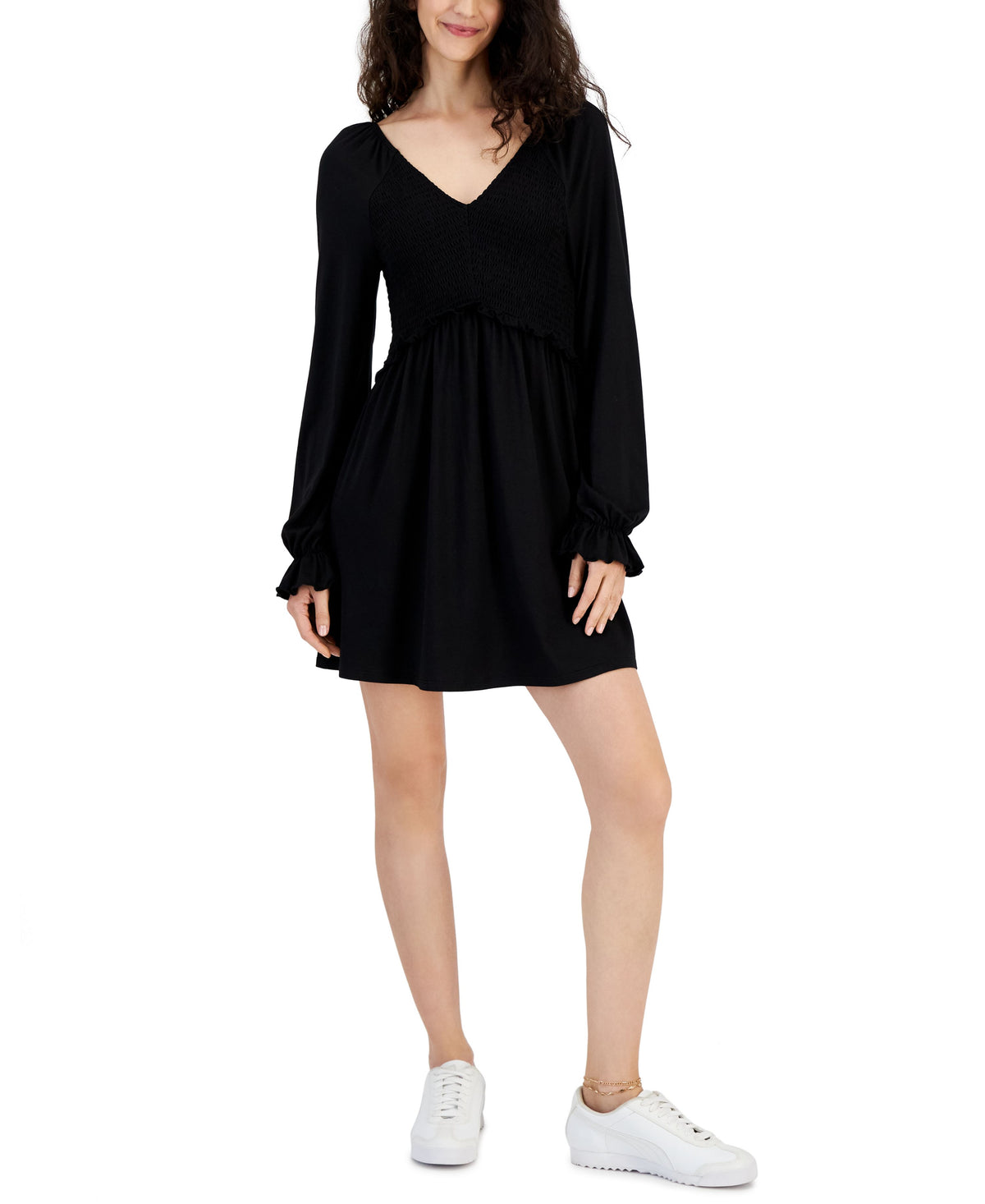 Juniors' Long-Sleeved Smocked Mini Dress