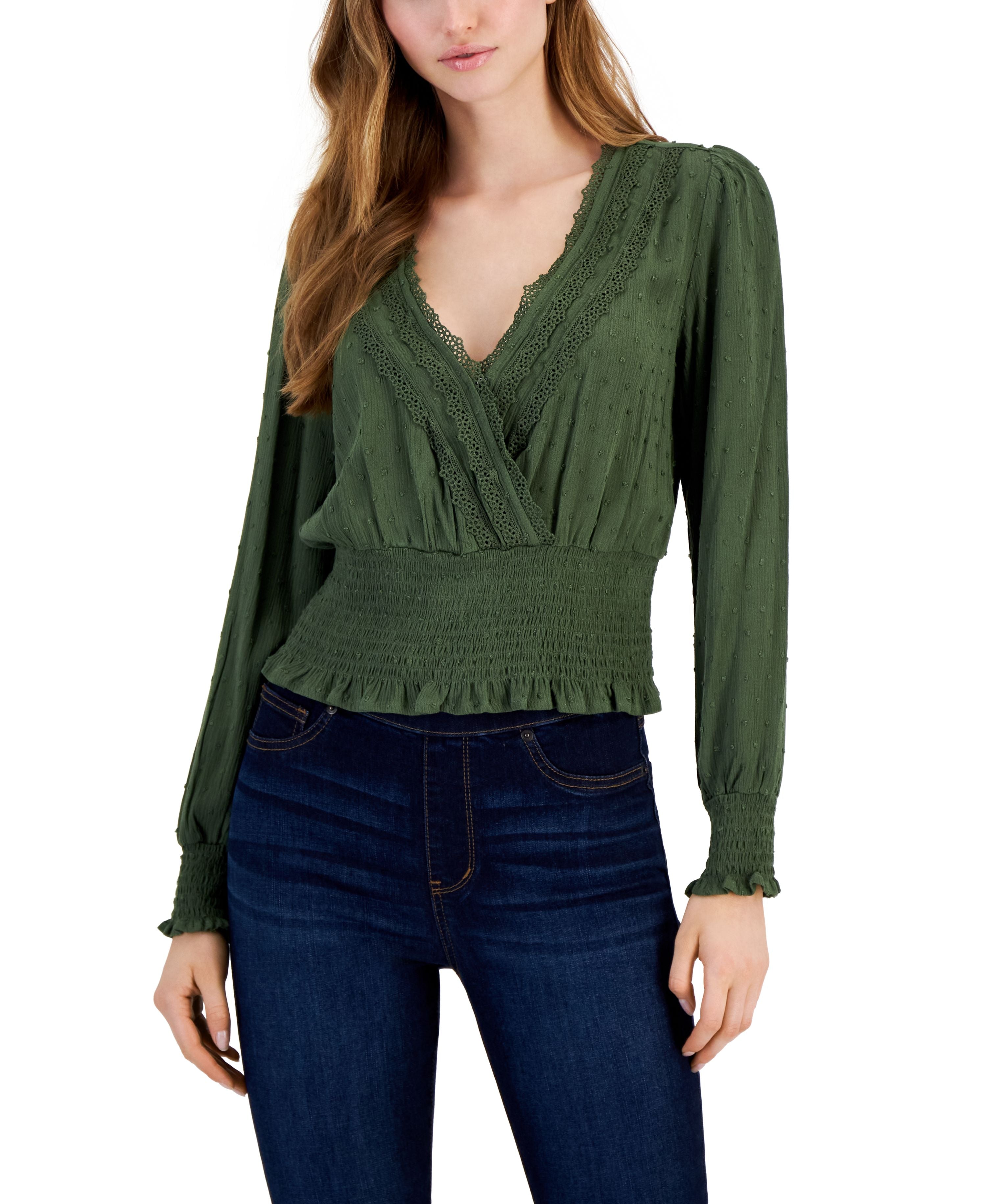 Juniors' Surplice-Neck Long-Sleeve Clip Dot Smocked Top