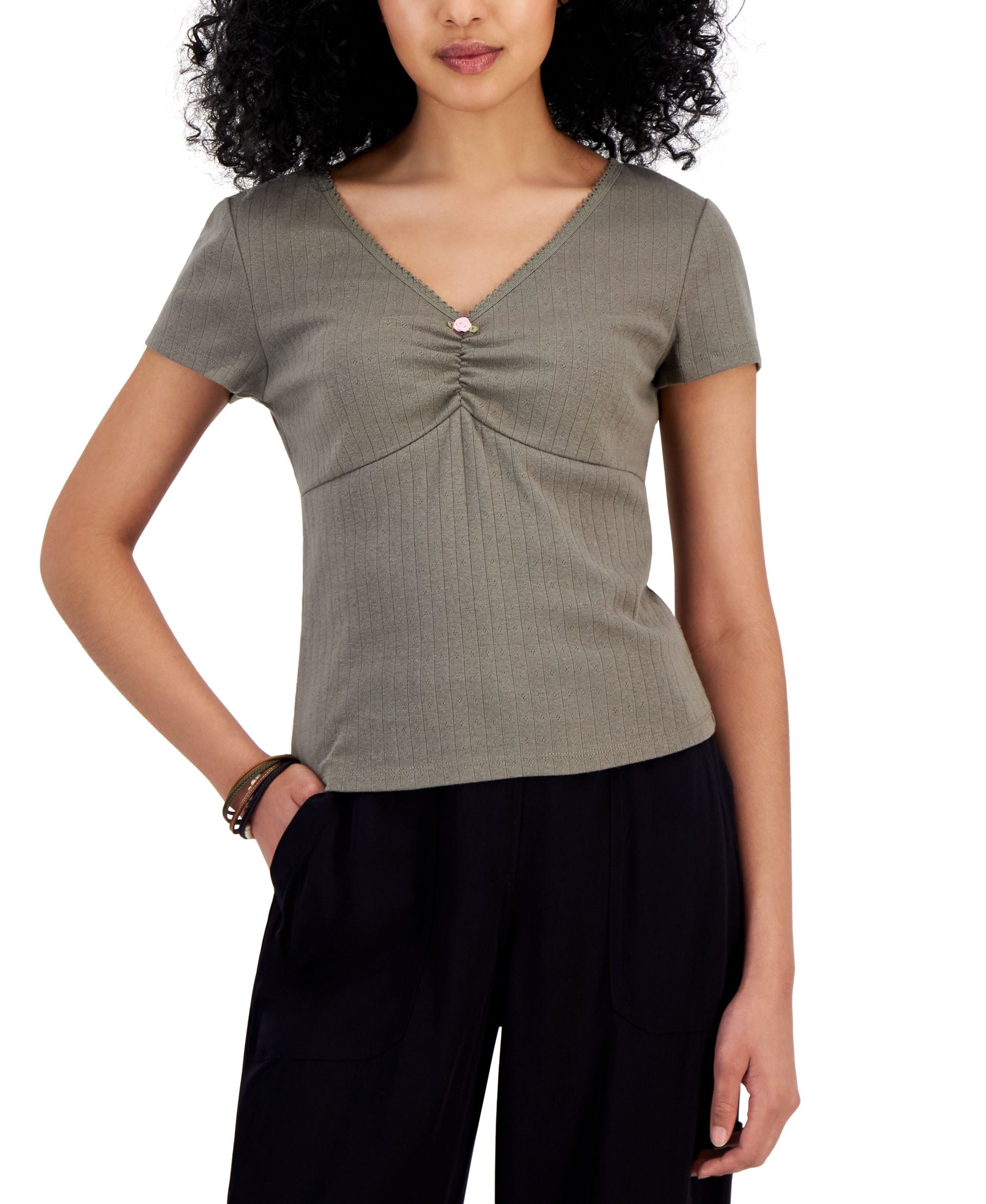 Juniors' Ruched V-Neck T-Shirt