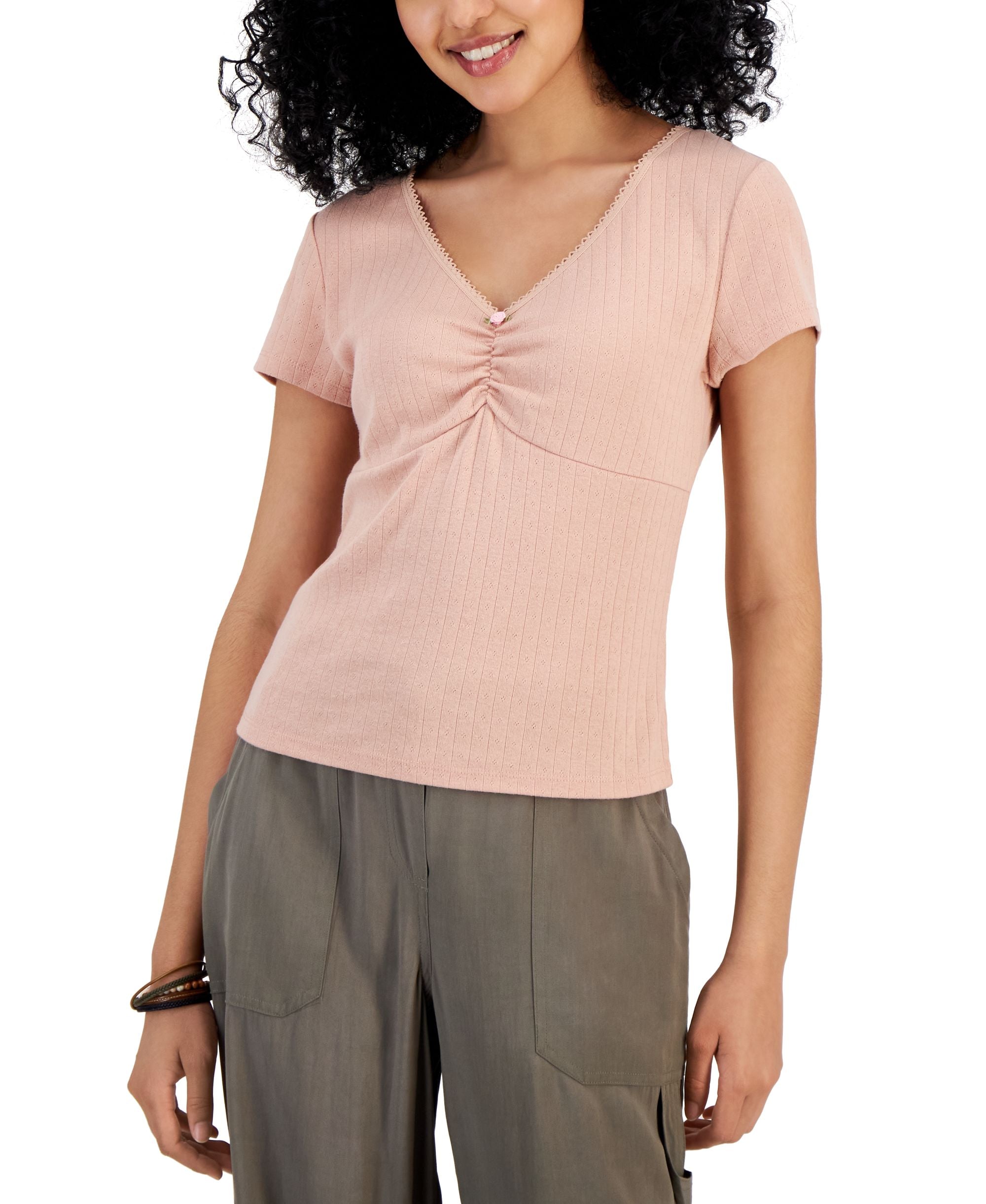 Juniors' Ruched V-Neck T-Shirt