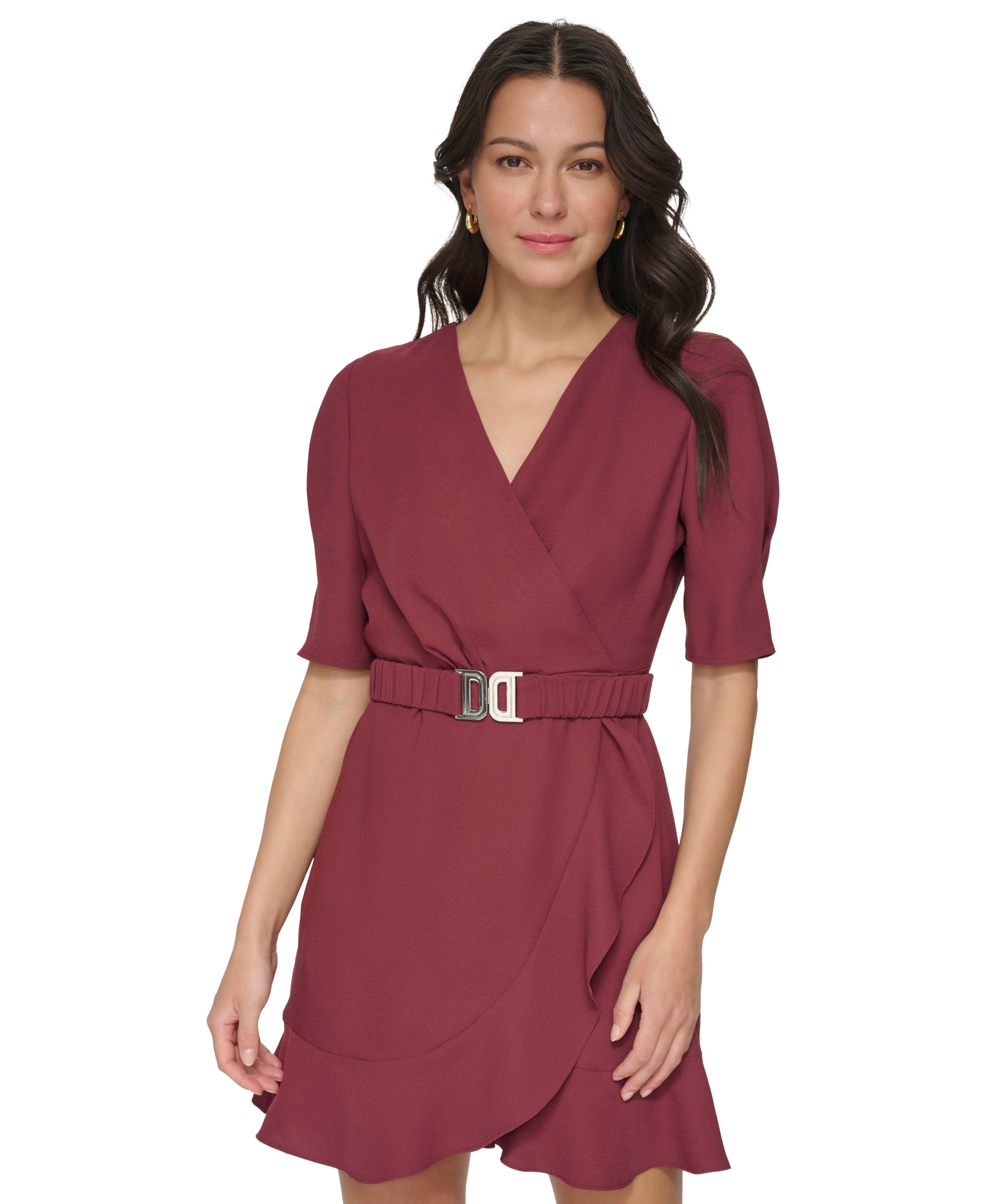 Women's Puff-Sleeve Belted Faux-Wrap Dress