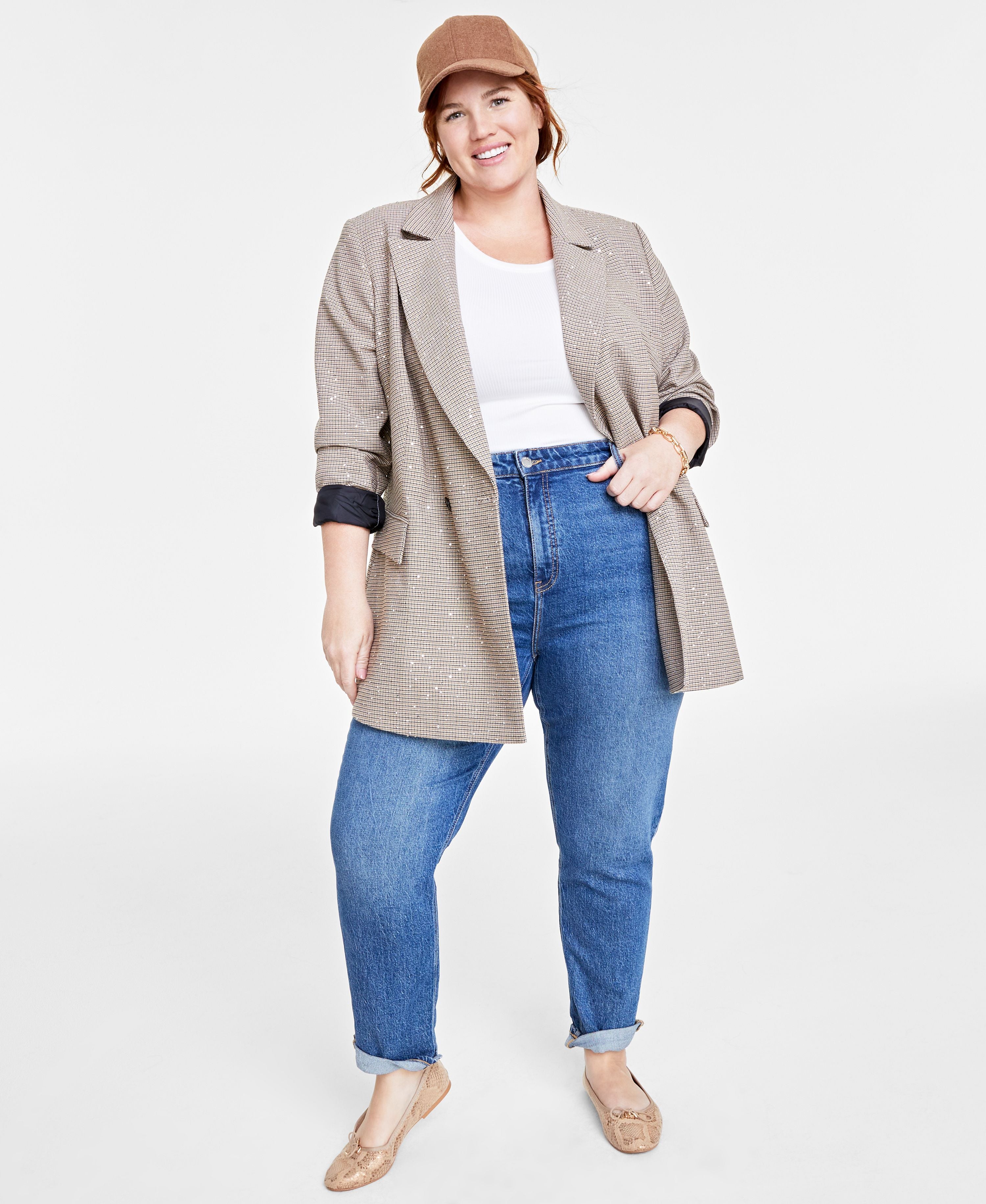 Plus Size Sequined Plaid Double-Breasted Blazer