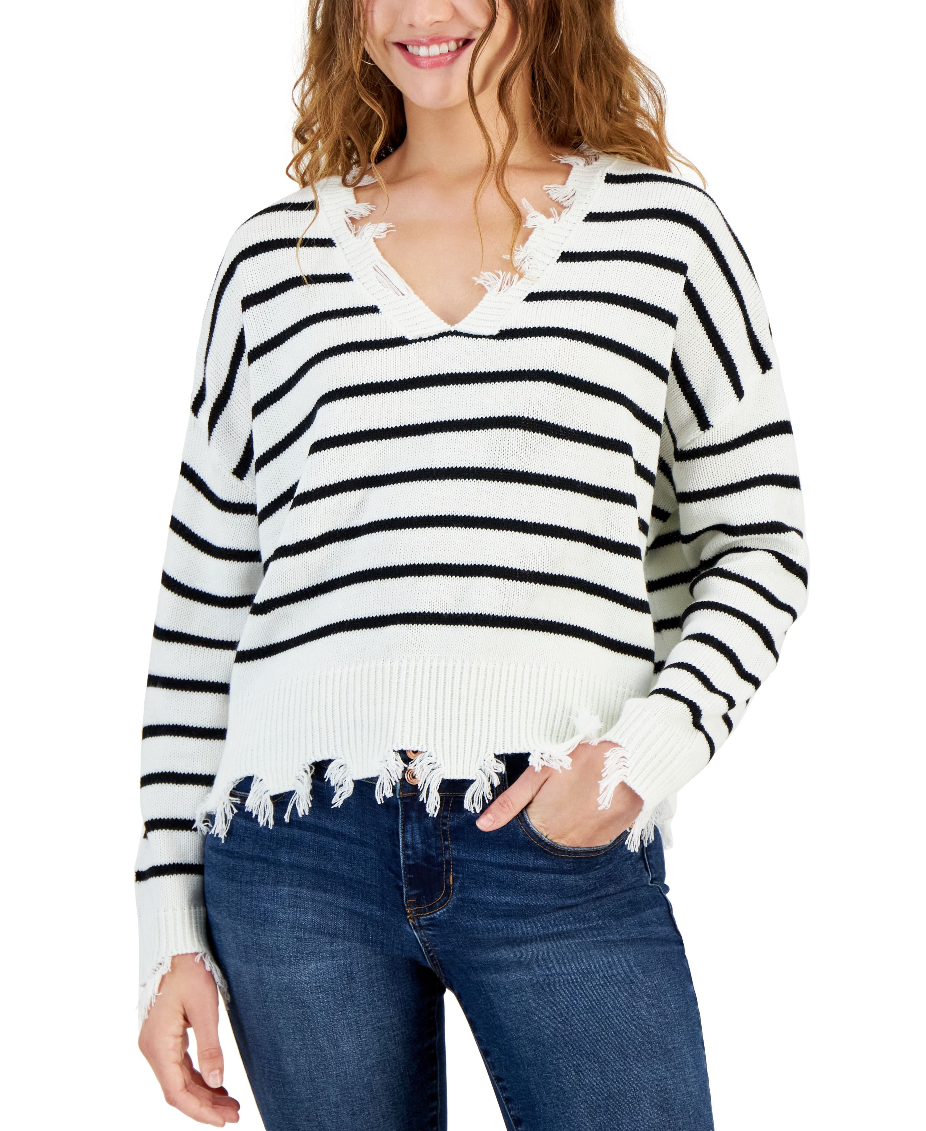 Juniors' Drop-Shoulder Distressed-Edge Sweater