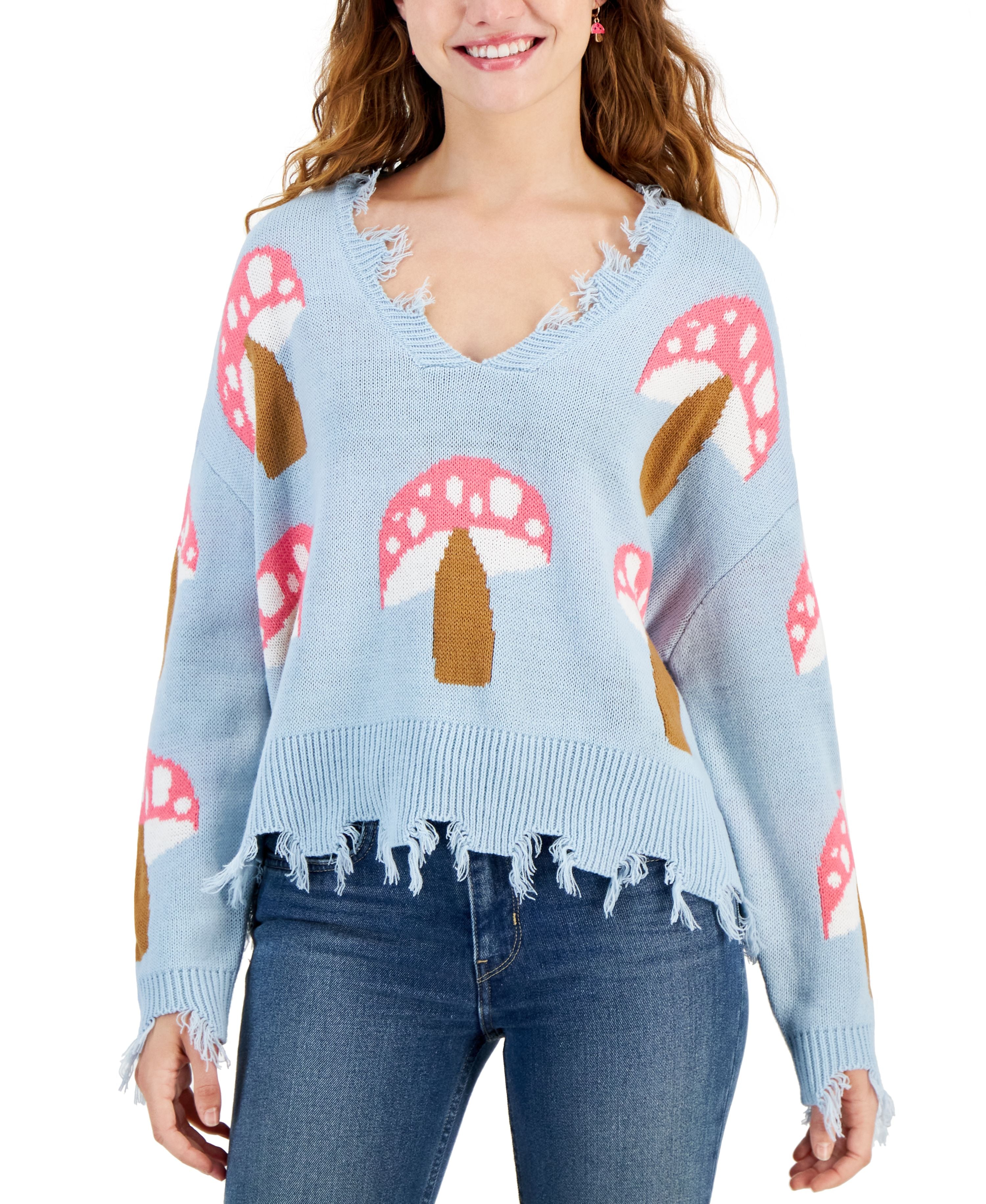 Juniors' Mushroom-Print Distressed-Edge Sweater