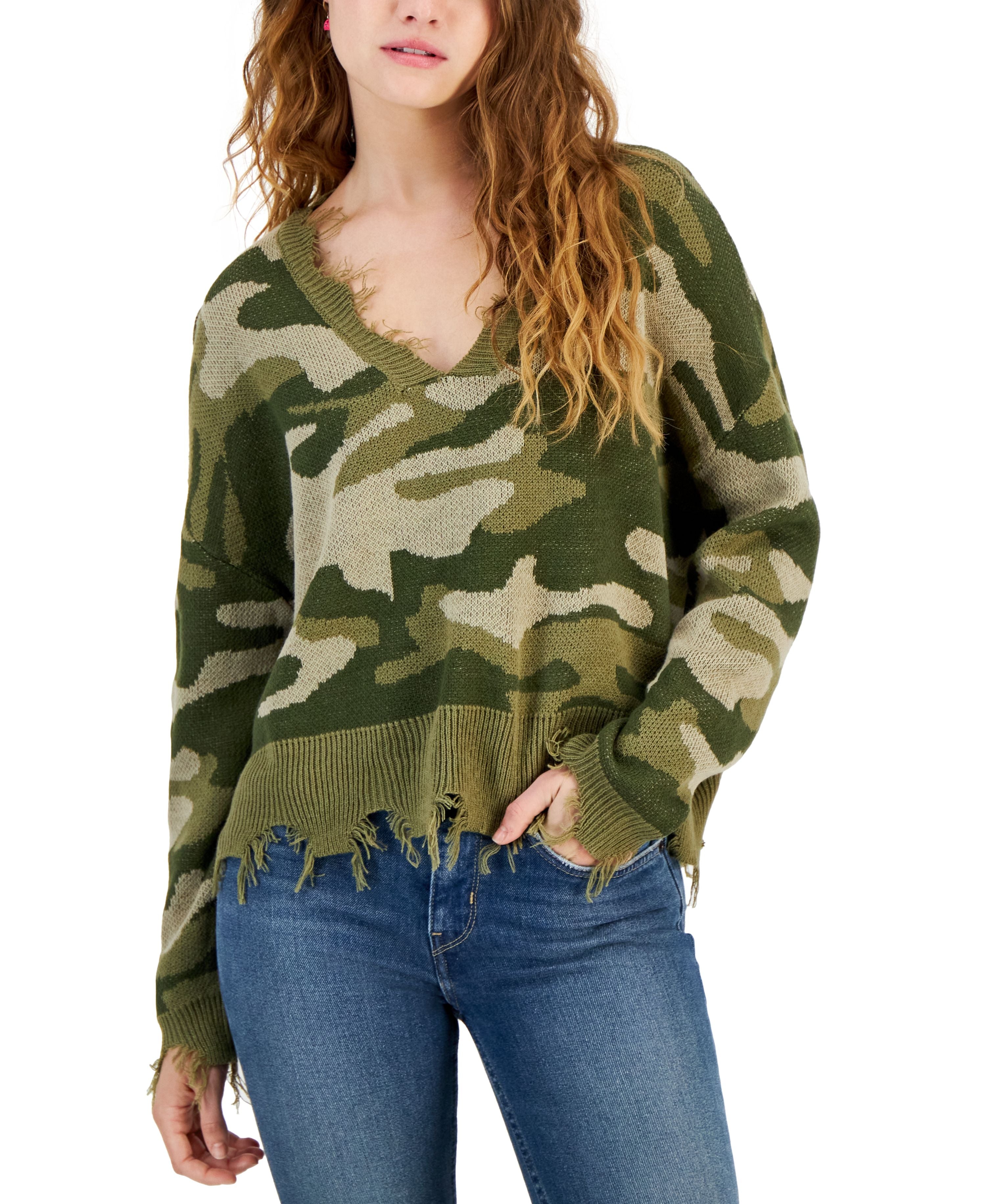 Juniors' Frayed-Edge V-Neck Relaxed Sweater