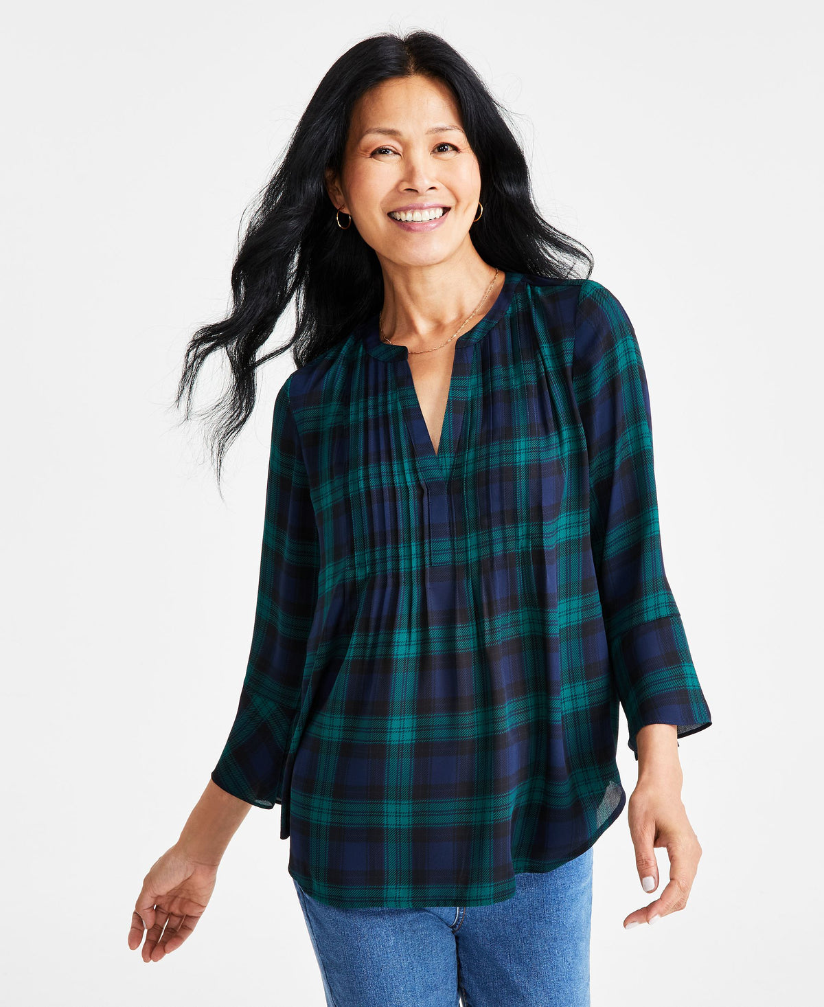 Women's V-Neck Long-Sleeve Pintuck Blouse