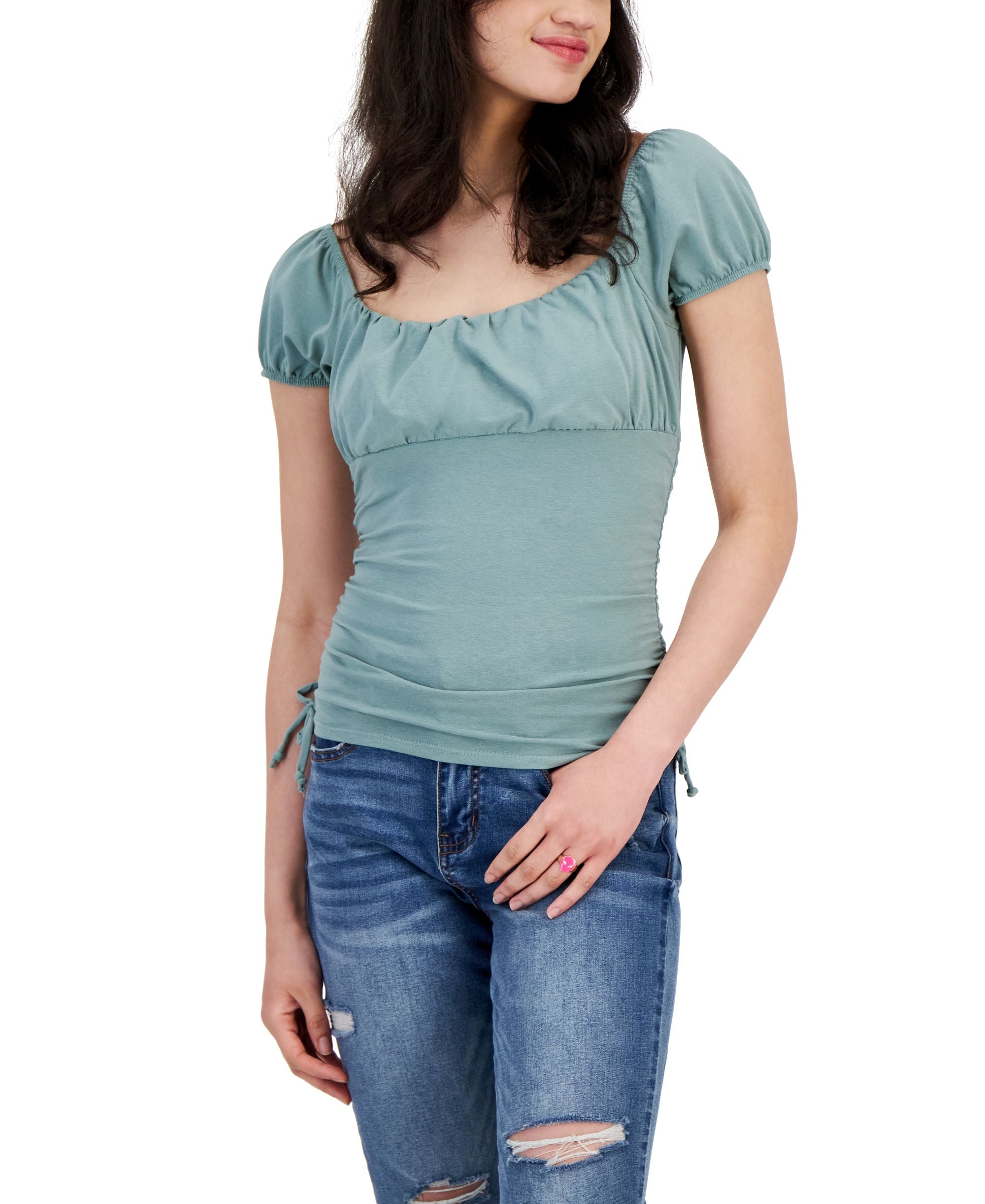 Juniors' Ruched Puff-Sleeve Top
