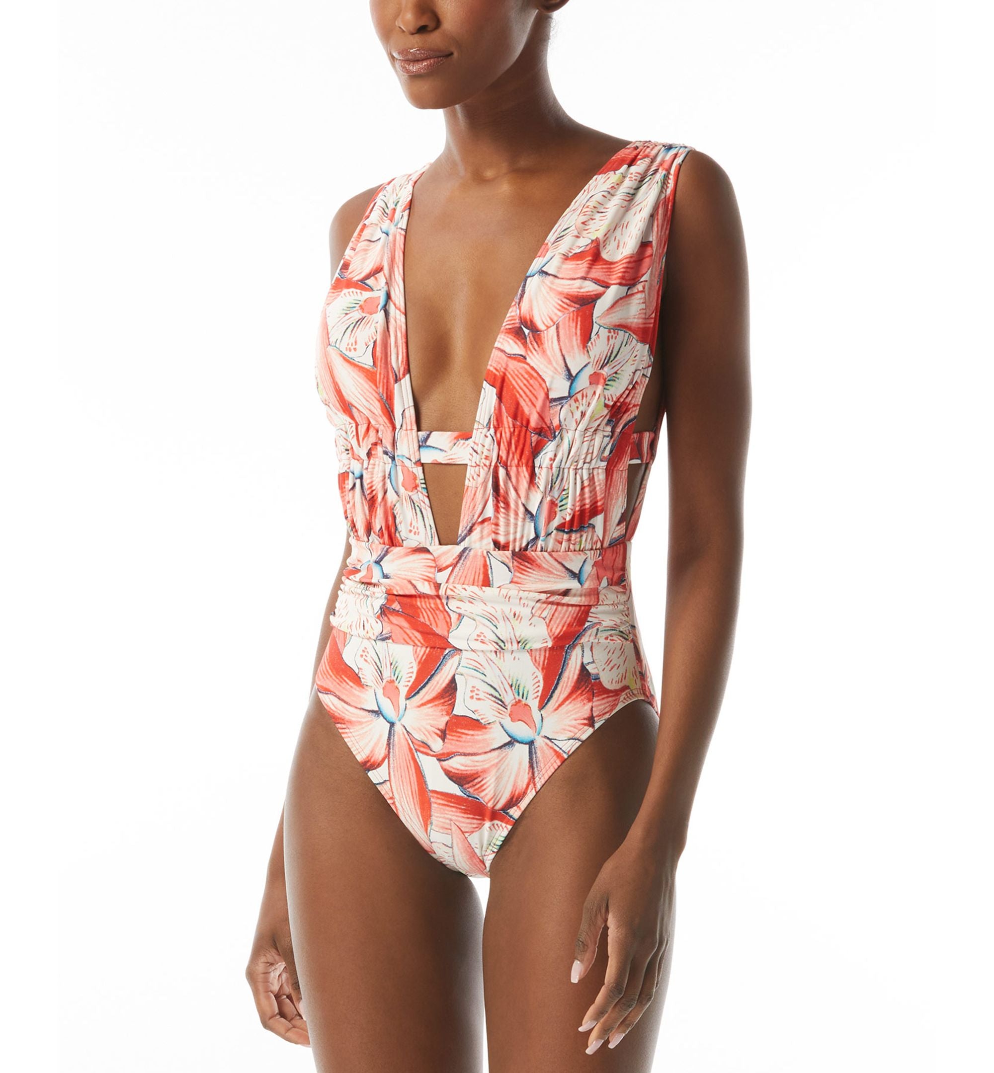 Women's Printed Plunge-Neck Ruched One-Piece Swimsuit
