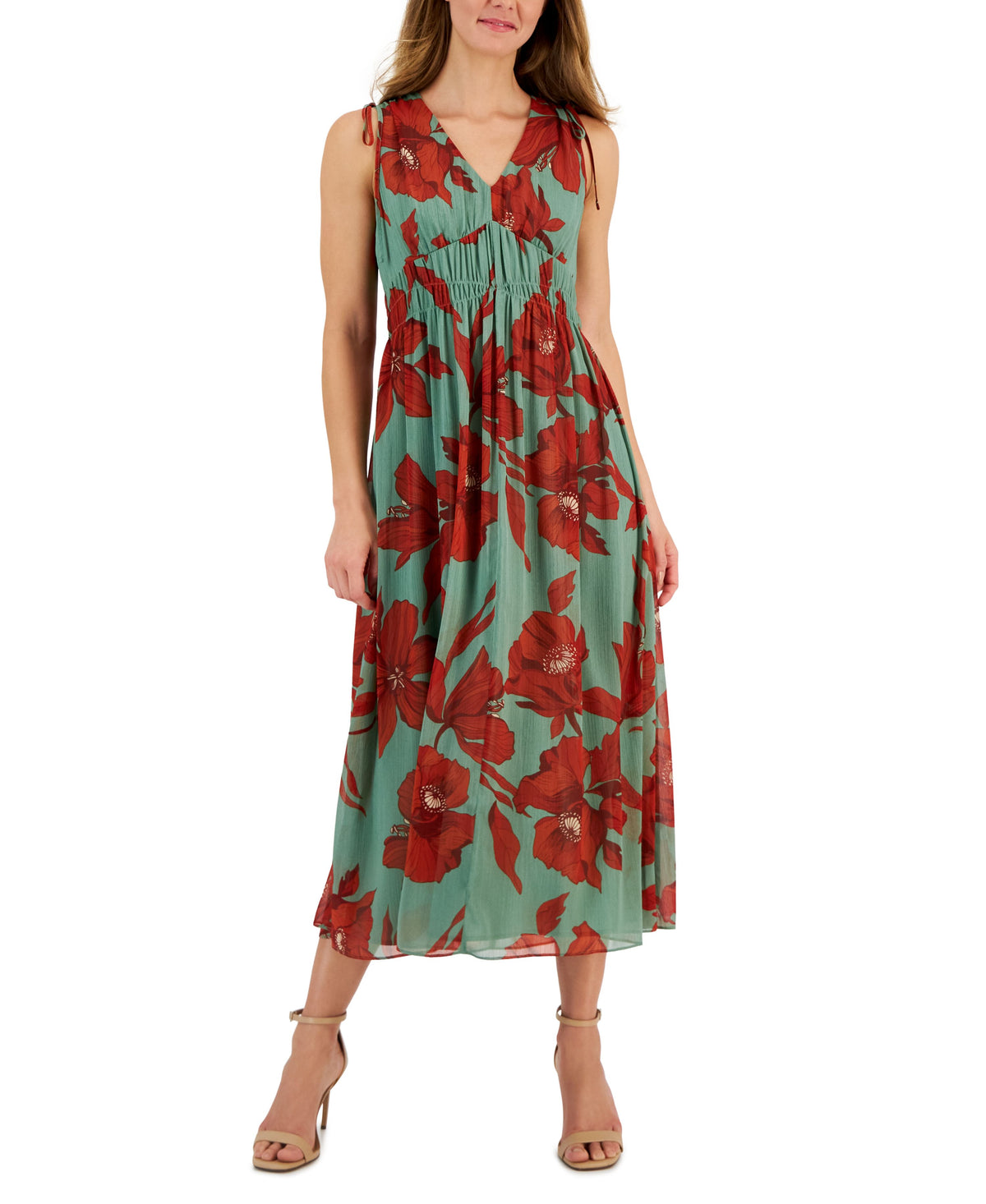 Women's V-Neck Sleeveless Shirred-Waist Midi Dress