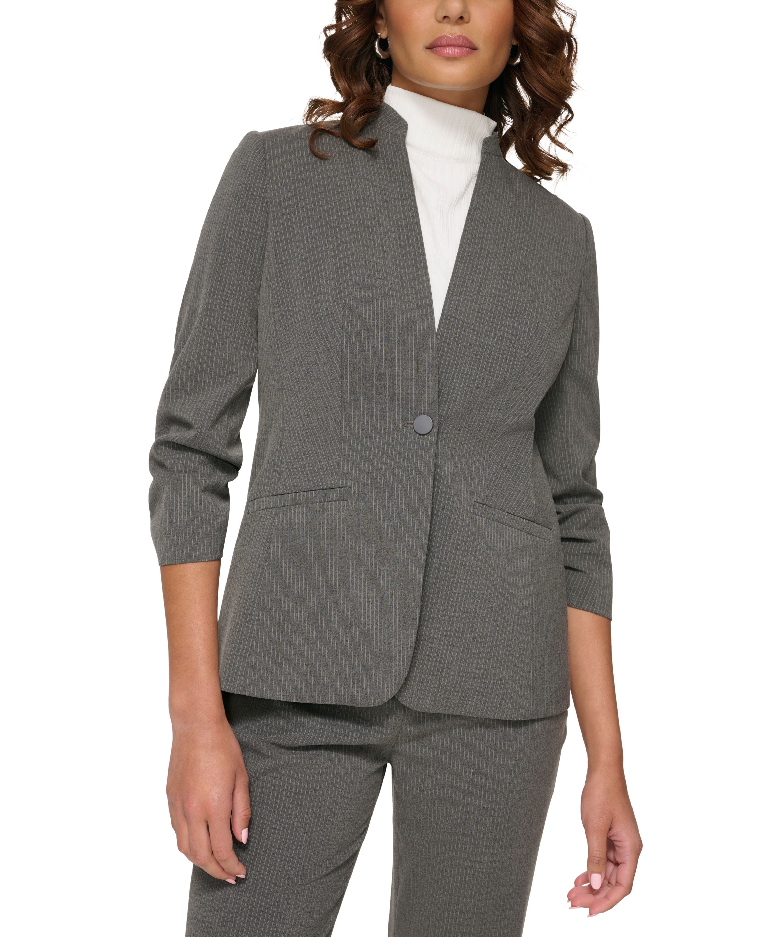 Petite Collarless Pinstripe Blazer