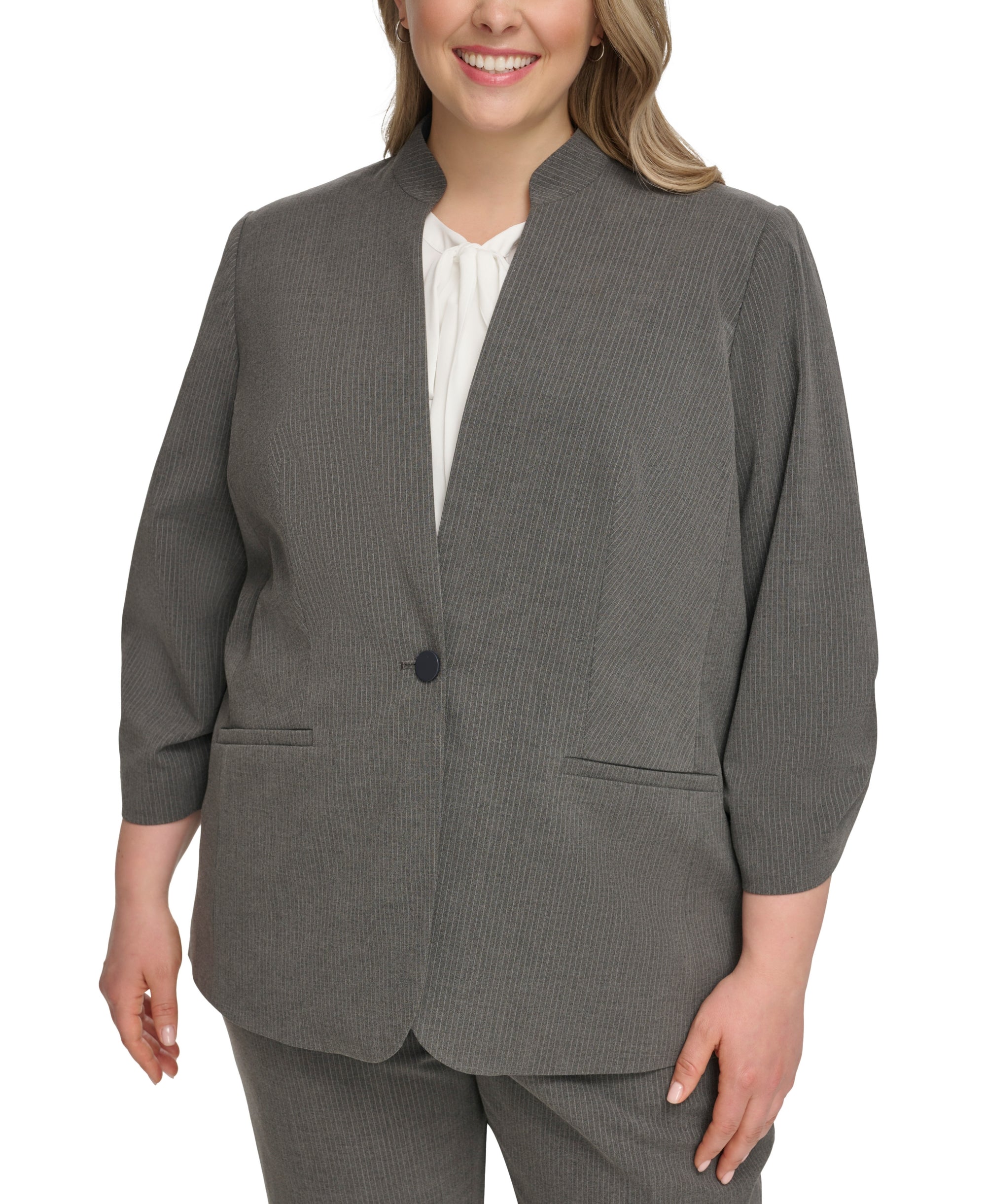Plus Size Pinstriped One-Button Jacket