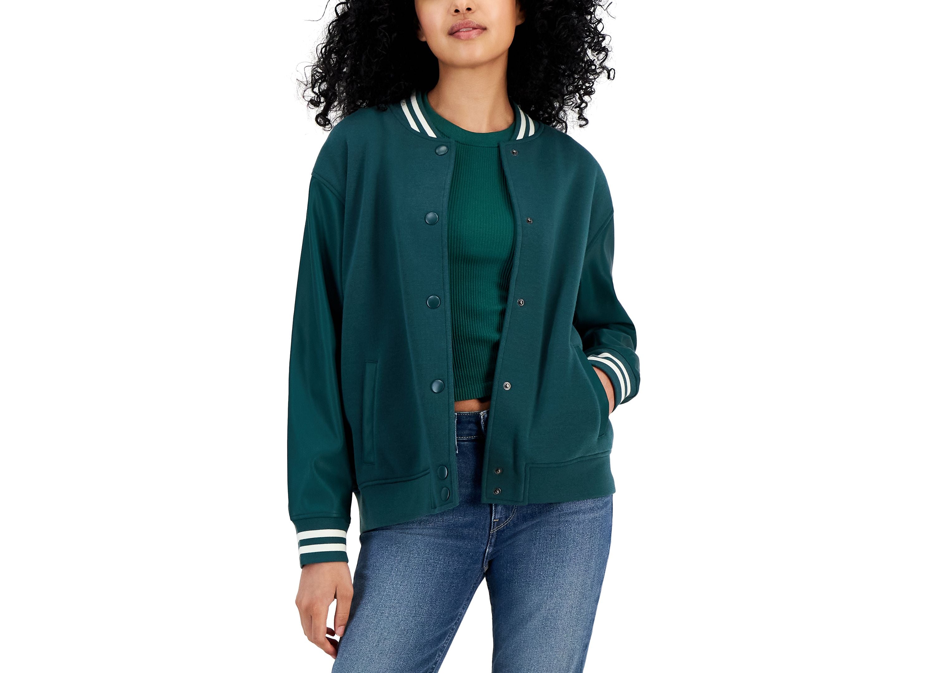 Juniors' Faux-Leather-Trim Bomber Jacket