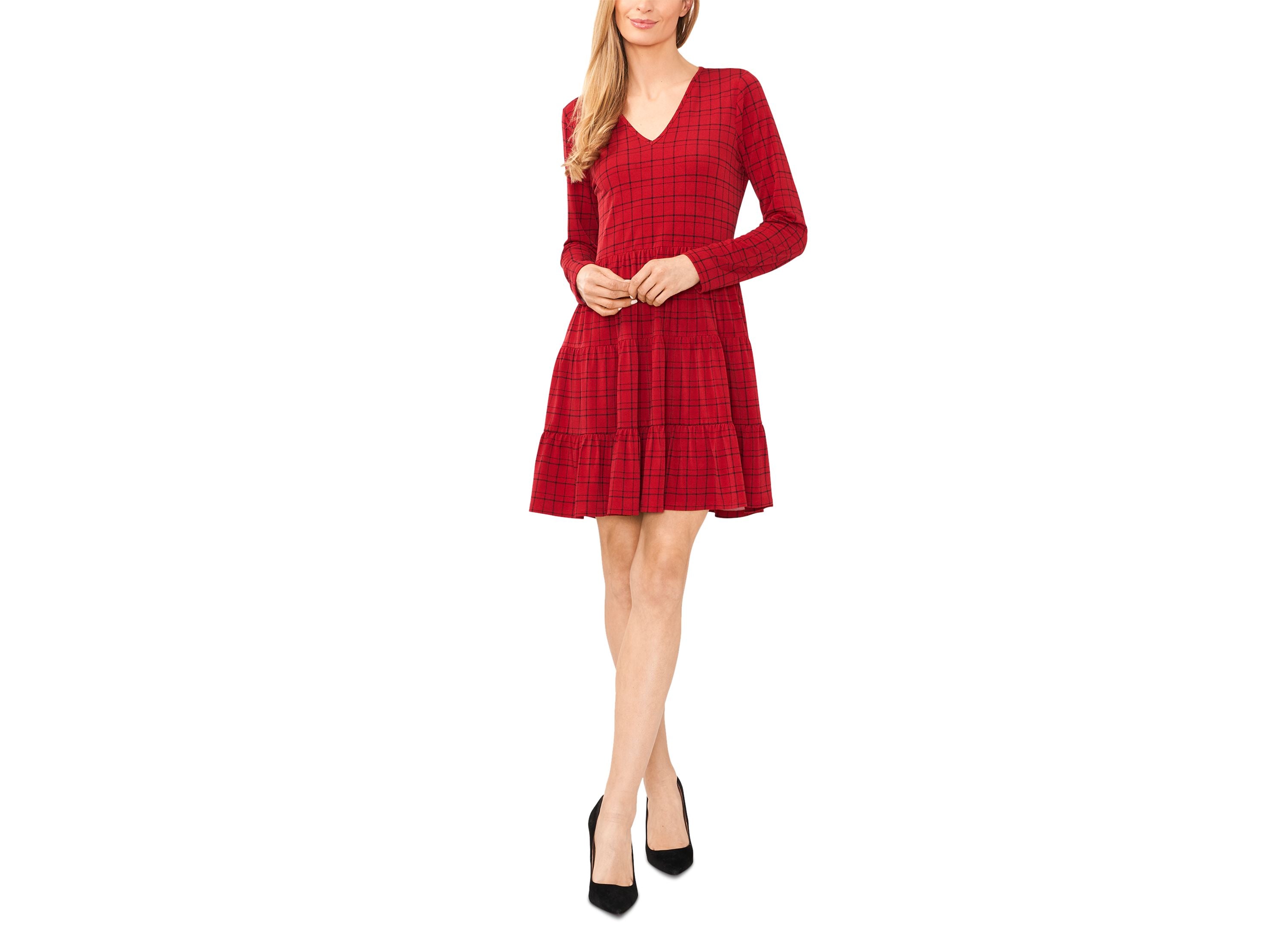 Women's Plaid Long Sleeve V-Neck Tiered Knit Dress