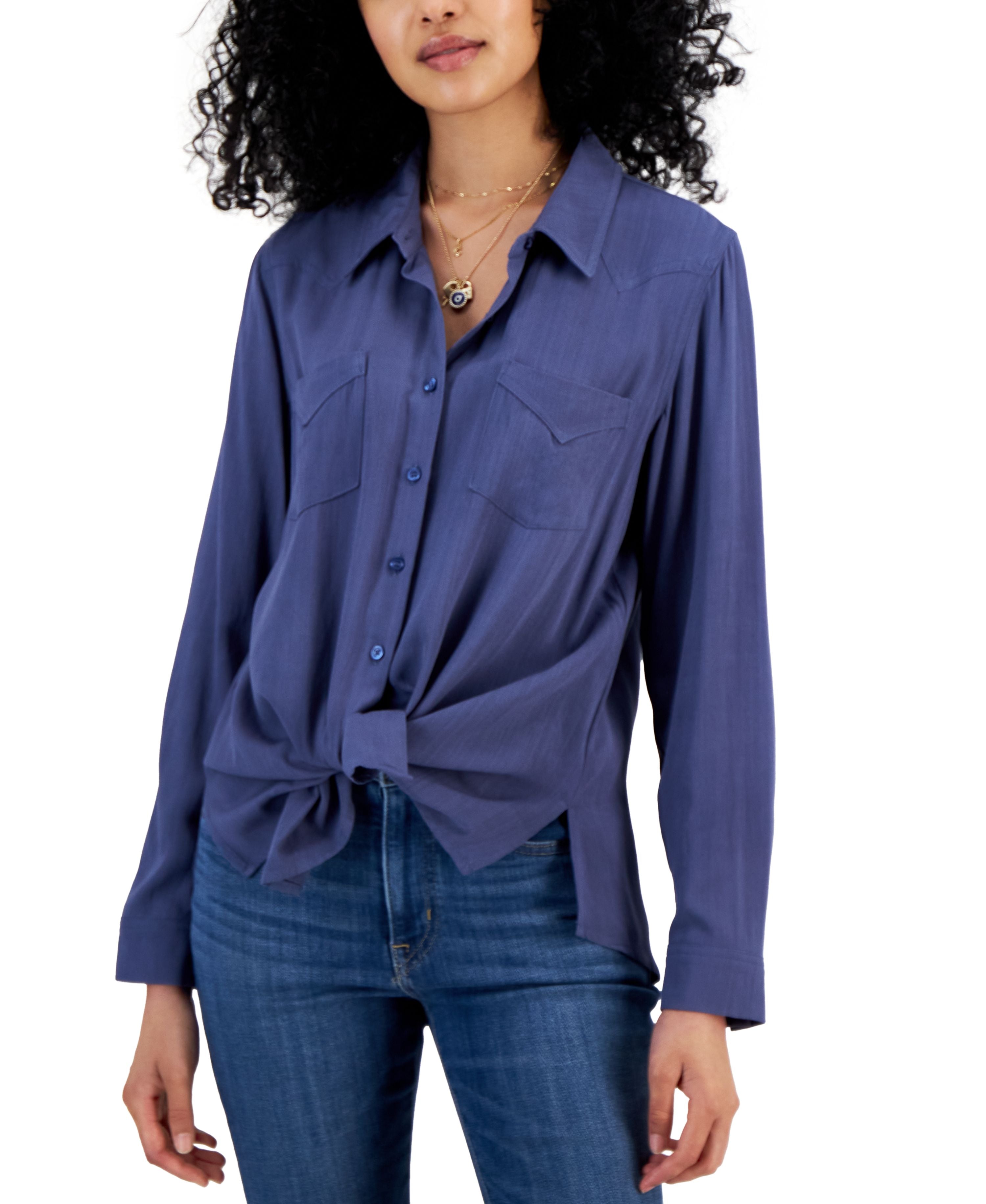 Juniors' Long-Sleeve Button-Up Top