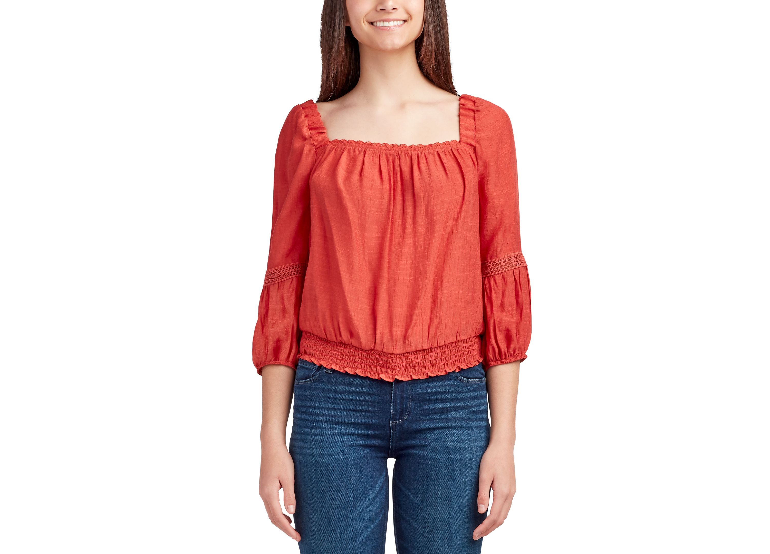 Juniors' Square-Neck Smocked-Hem Crochet-Trim Top