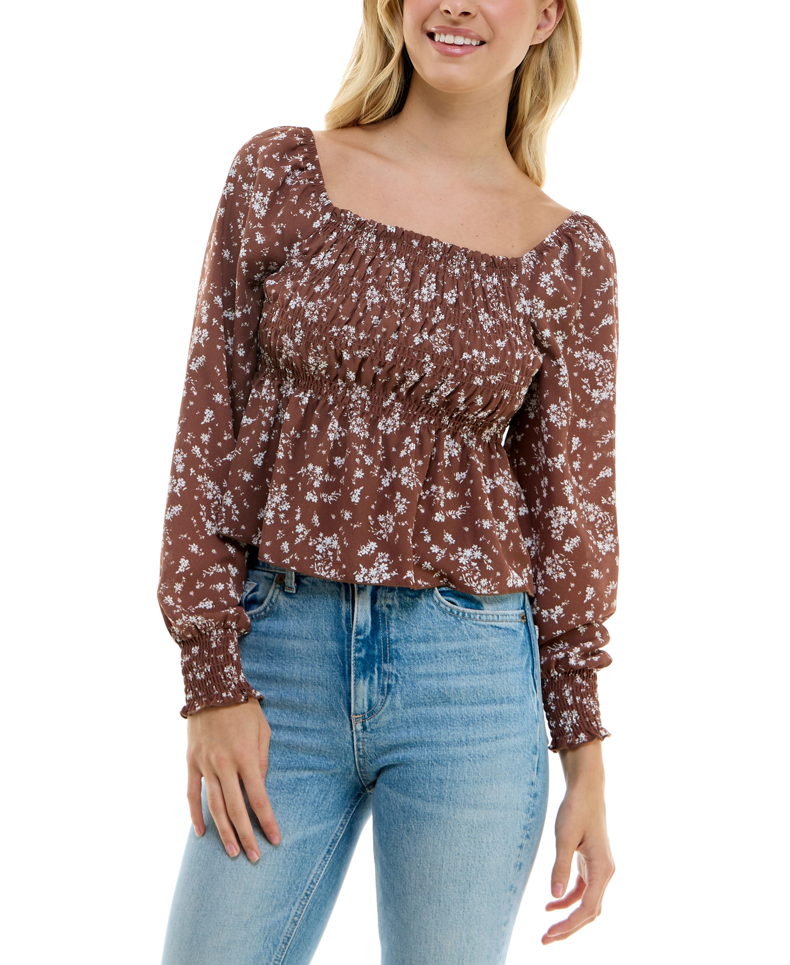 Juniors' Smocked Peplum Top