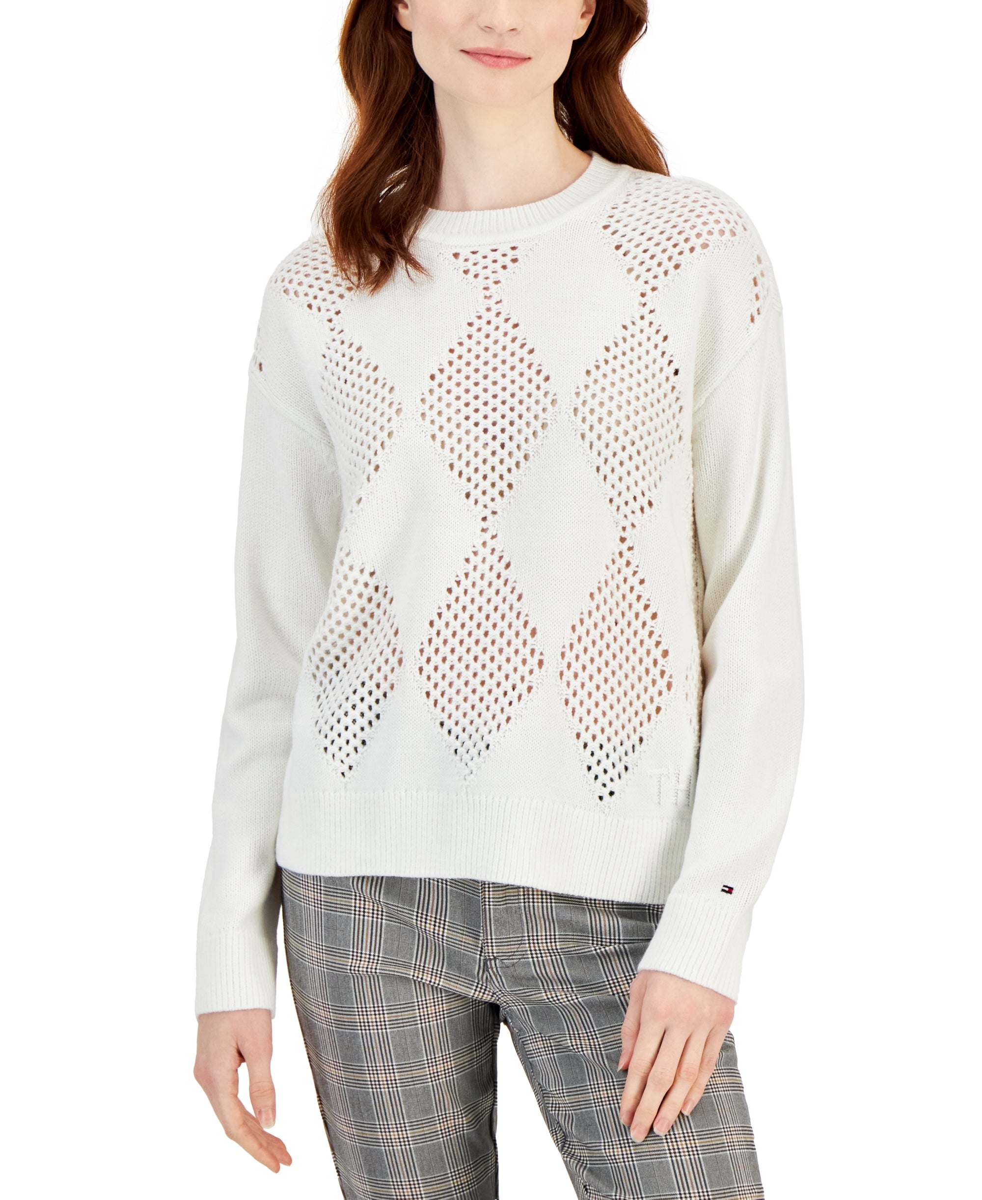Women's Open-Stitch Argyle Crewneck Sweater