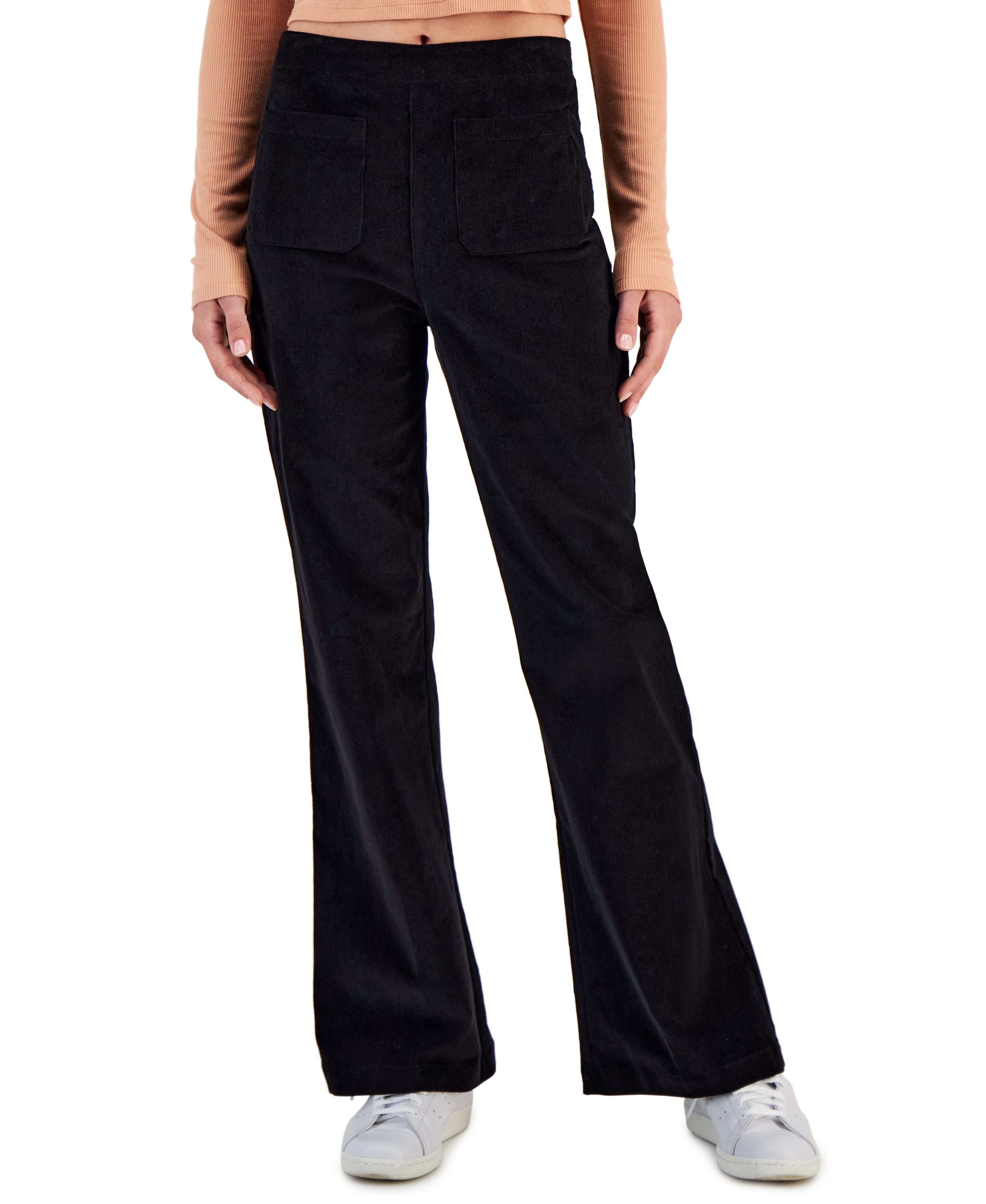 Juniors' Lace-Trimmed V-Neck Ribbed Top & Stretch Corduroy Flared-Leg Pants