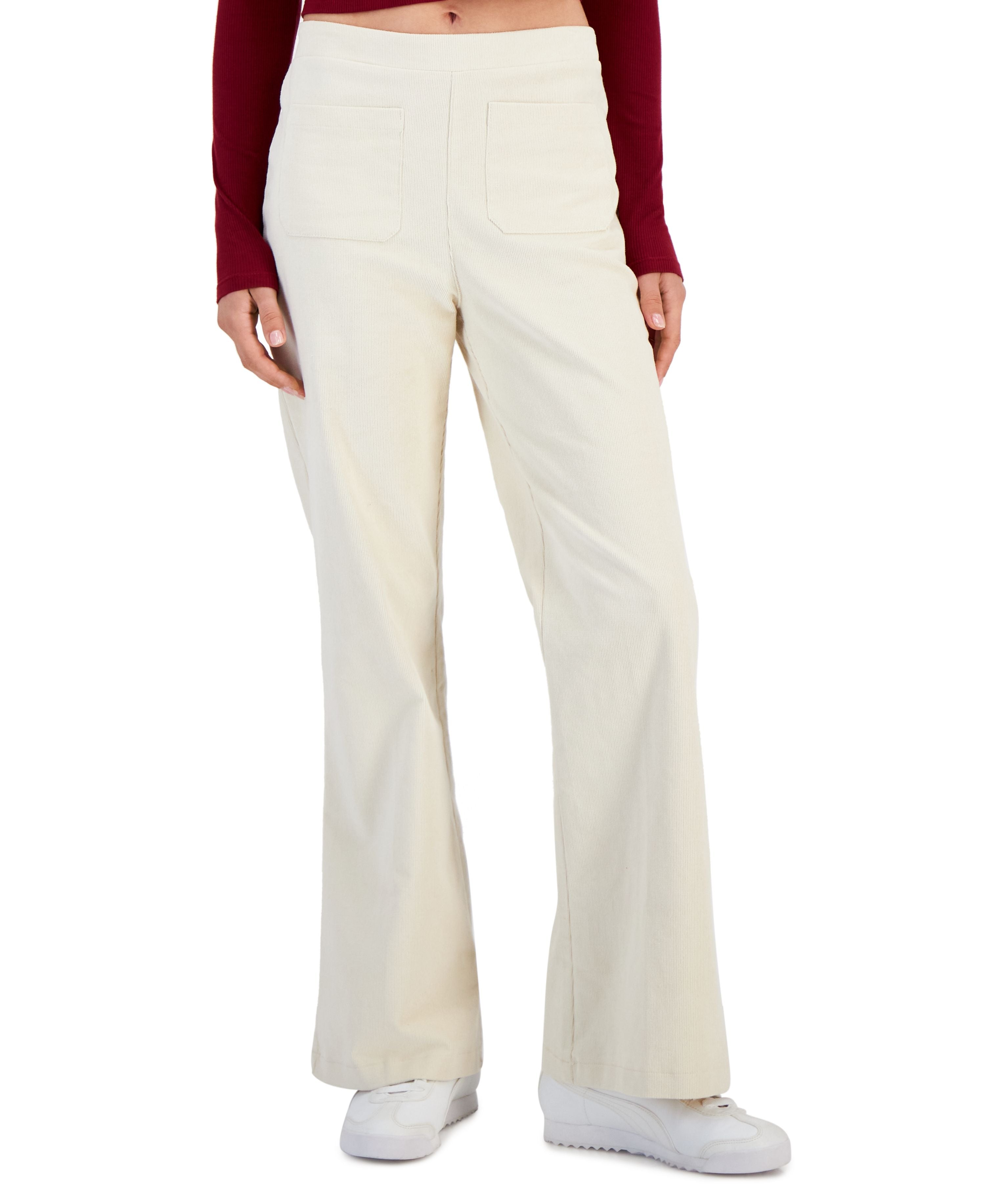 Juniors' Lace-Trimmed V-Neck Ribbed Top & Stretch Corduroy Flared-Leg Pants