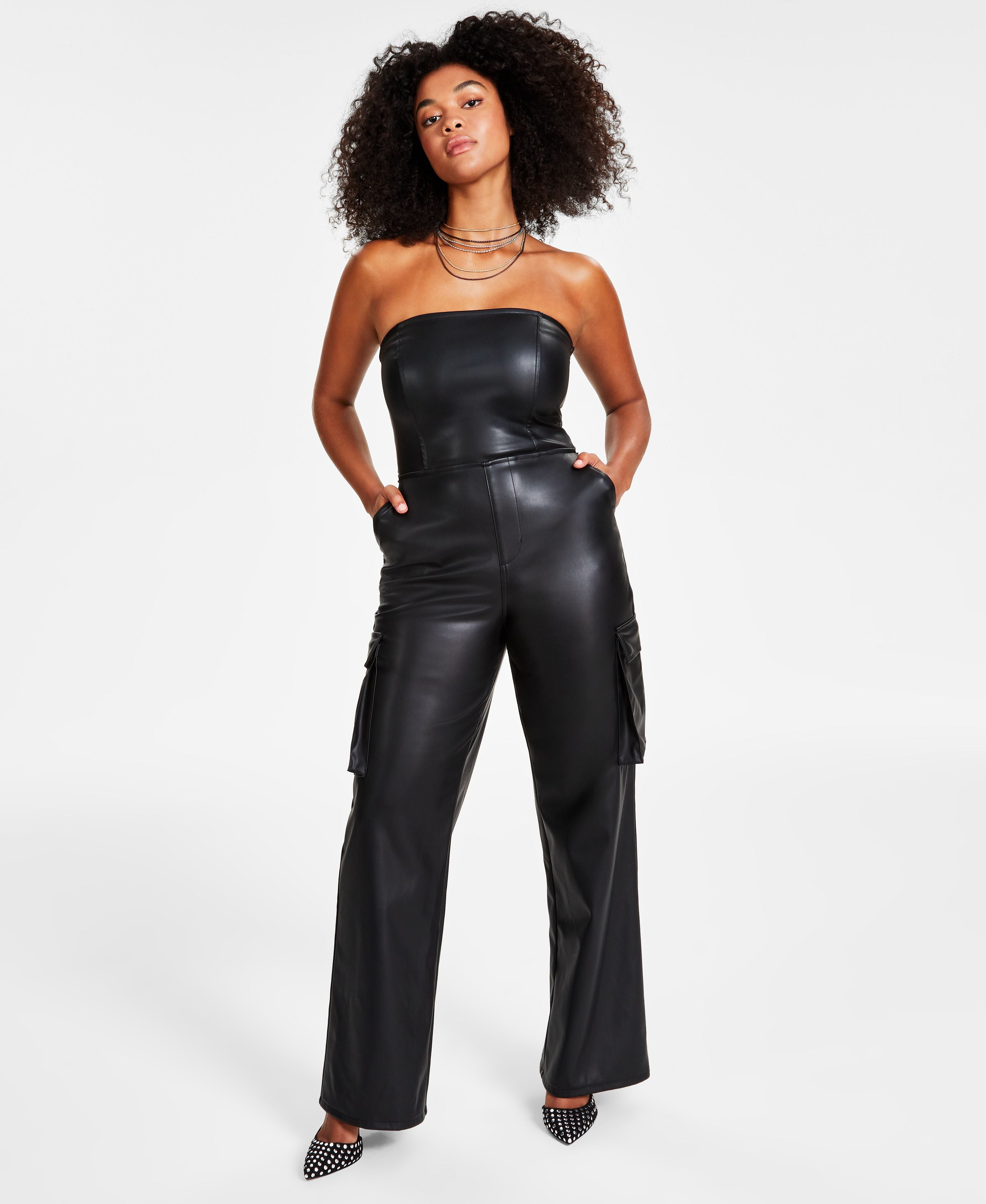 Women's Faux-Leather Strapless Cargo-Pocket Jumpsuit