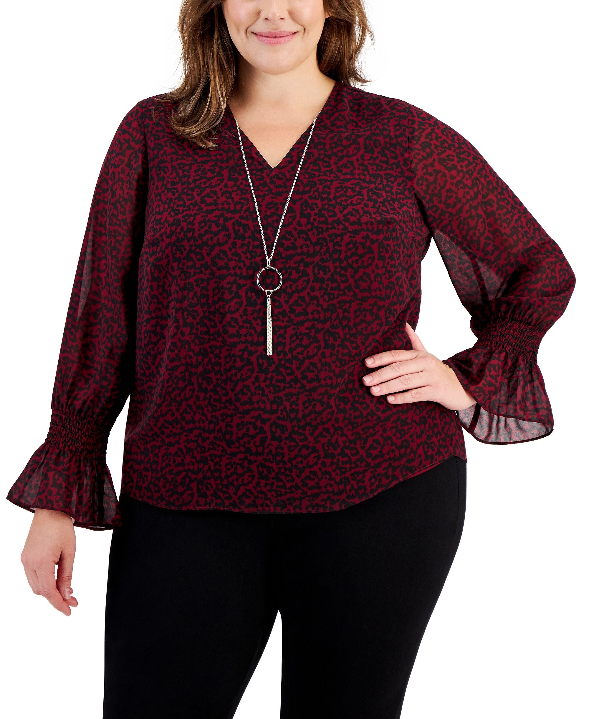 Plus Size Printed Smocked-Sleeve Necklace Top