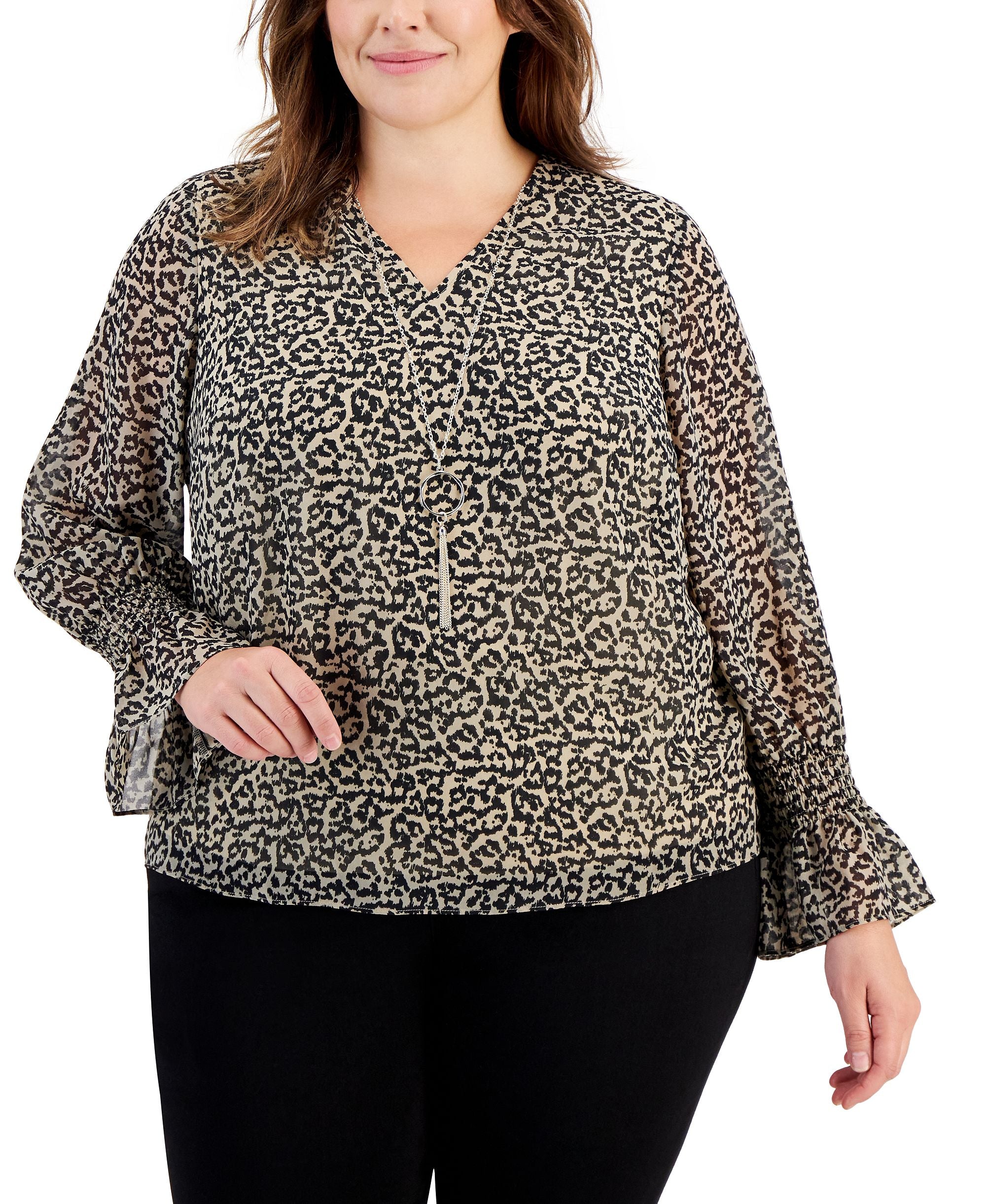 Plus Size Printed Smocked-Sleeve Necklace Top