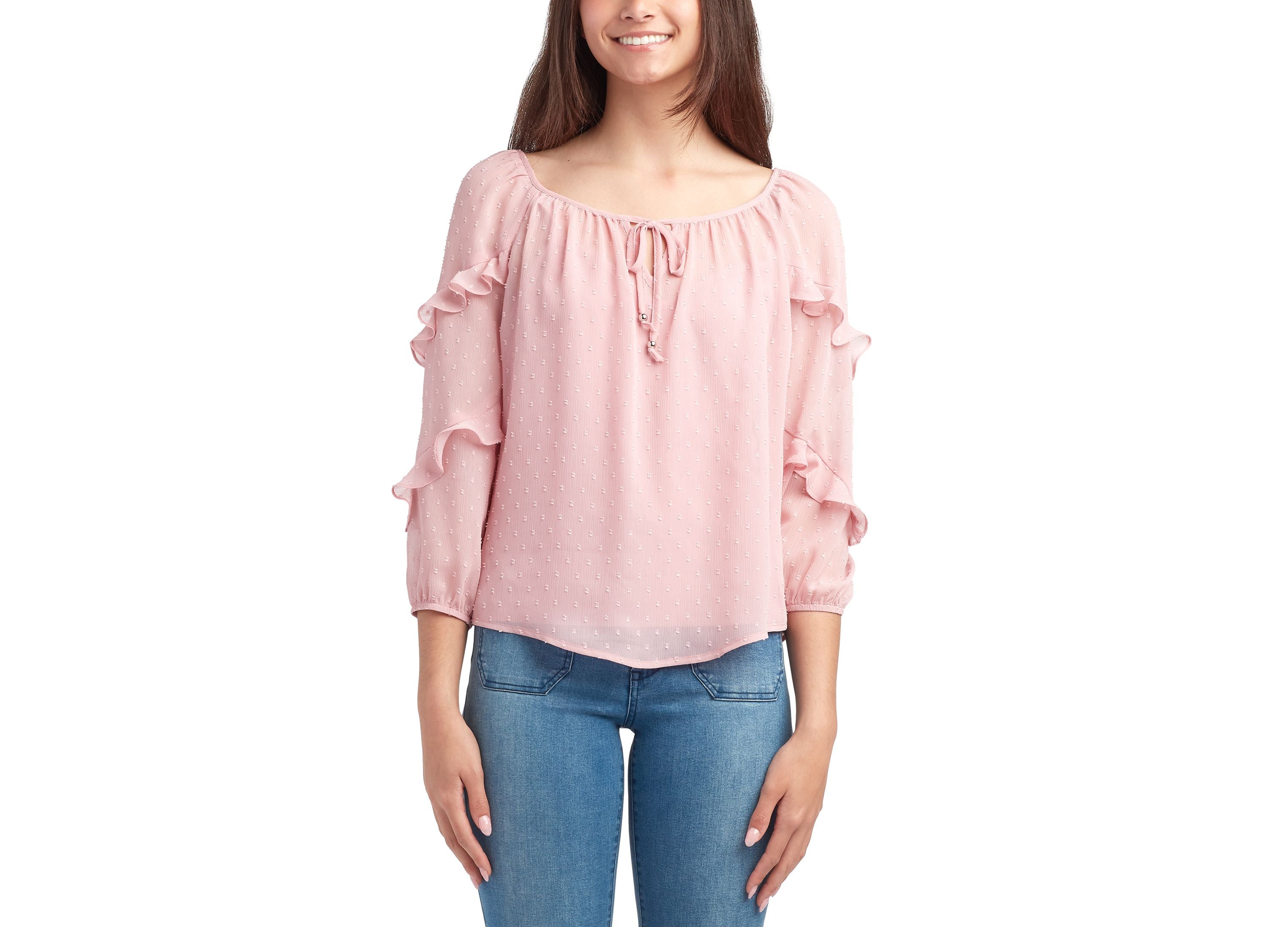 Juniors' Clip-Dot Ruffle-Sleeve Peasant Top
