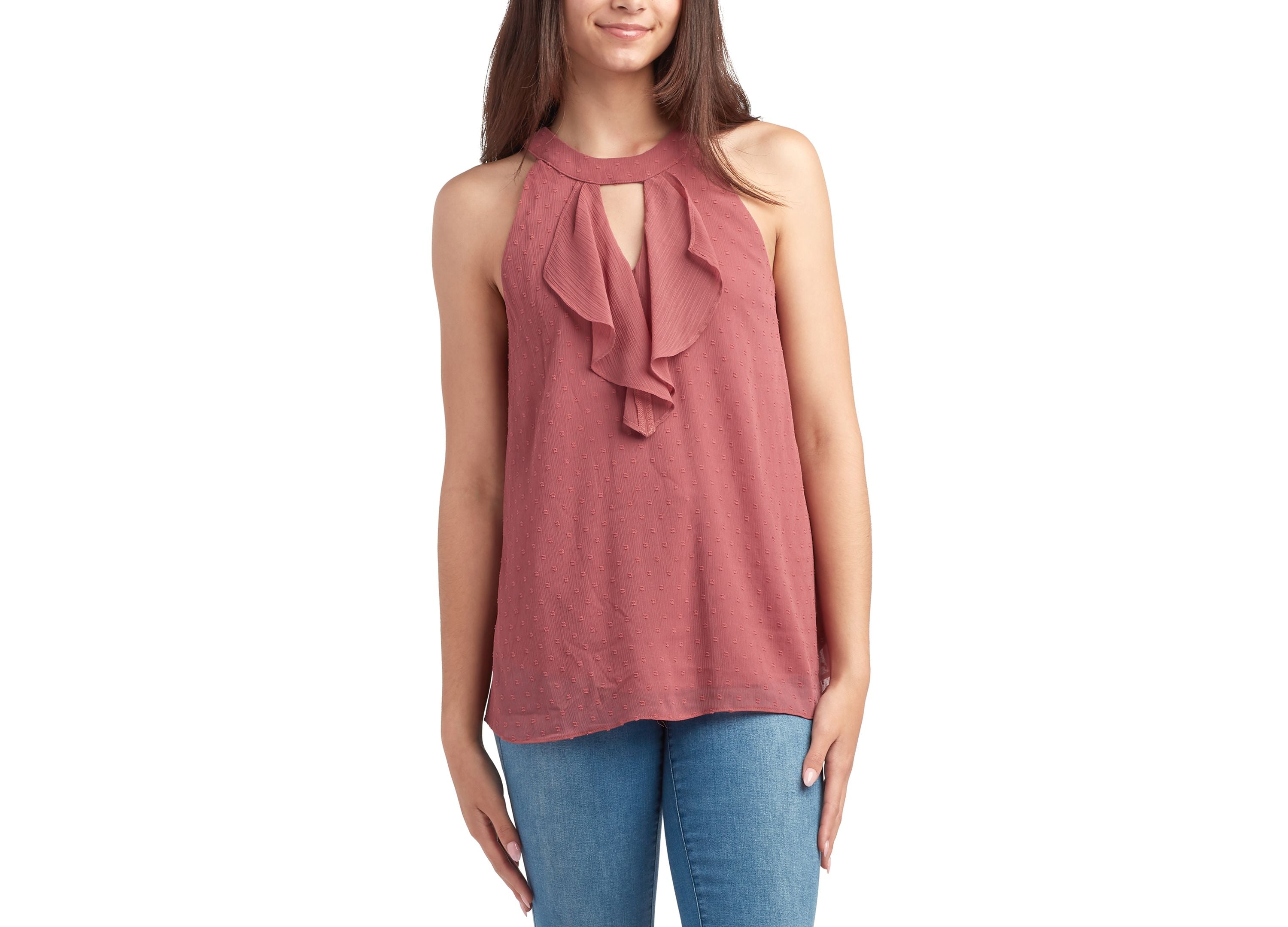 Juniors' Clip-Dot Ruffle-Front Sleeveless Top