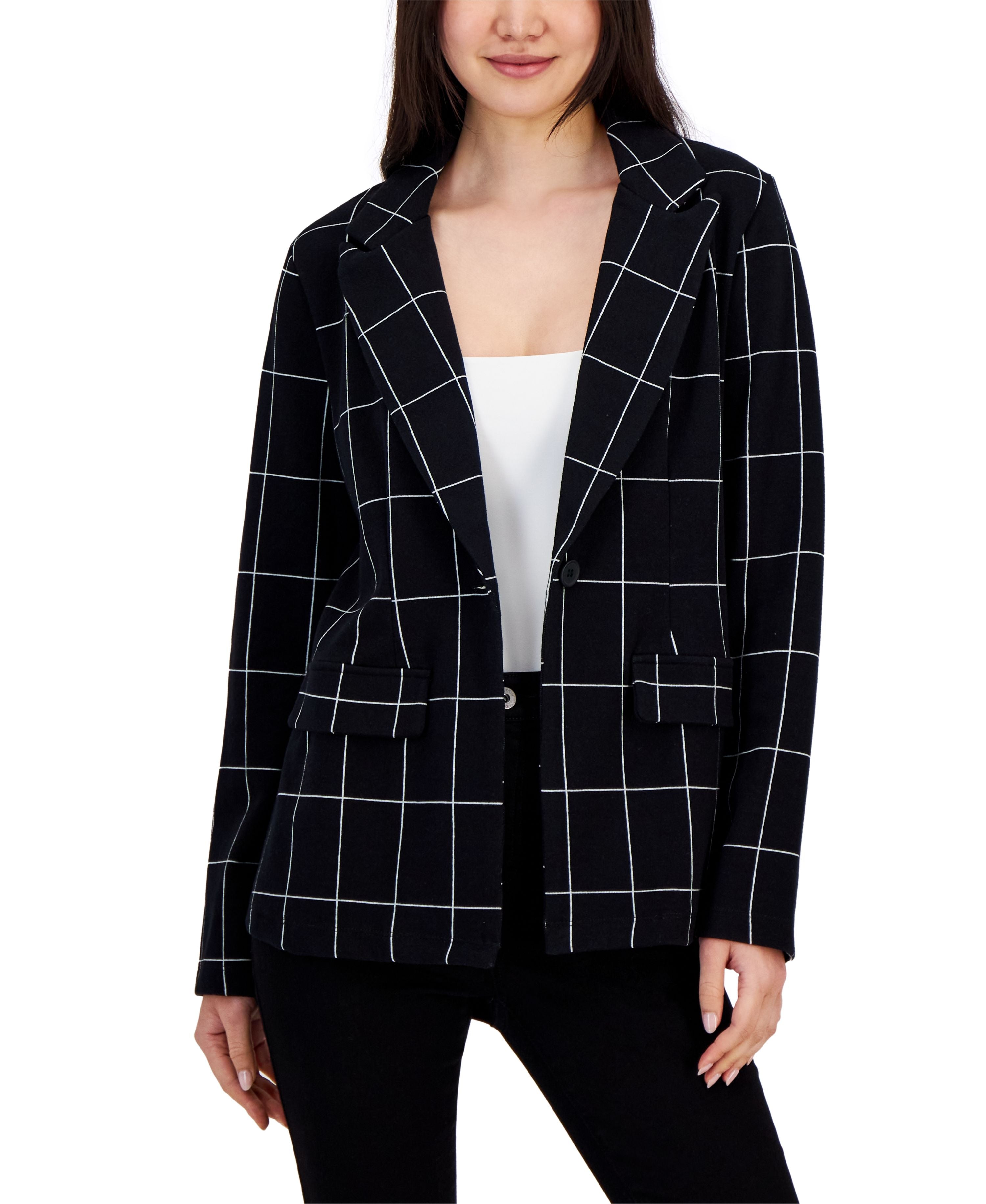 Juniors' Plaid Notched-Lapel Button-Up Blazer