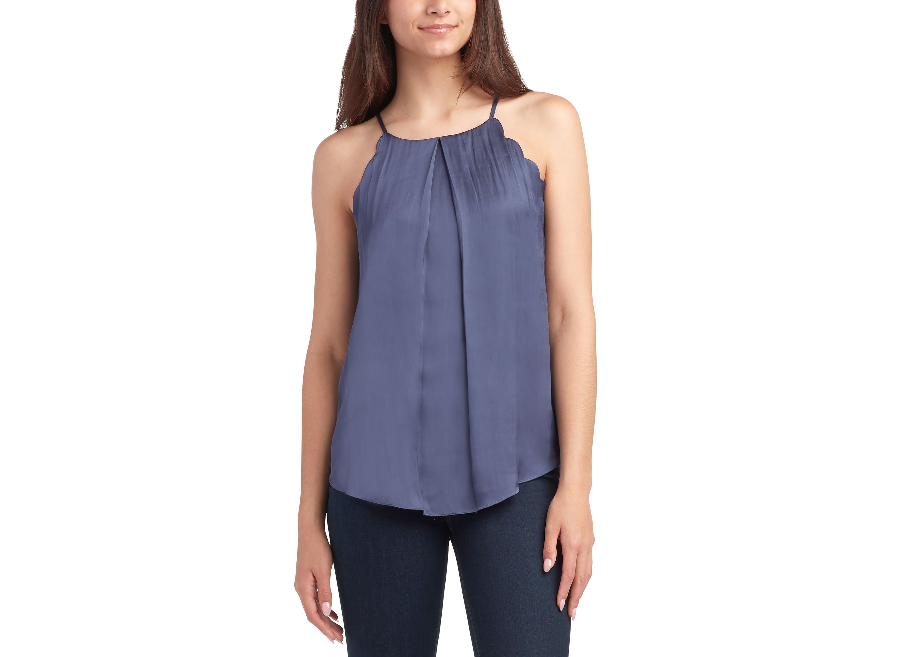Juniors' High-Neck Scallop-Edge Sleeveless Satin Top